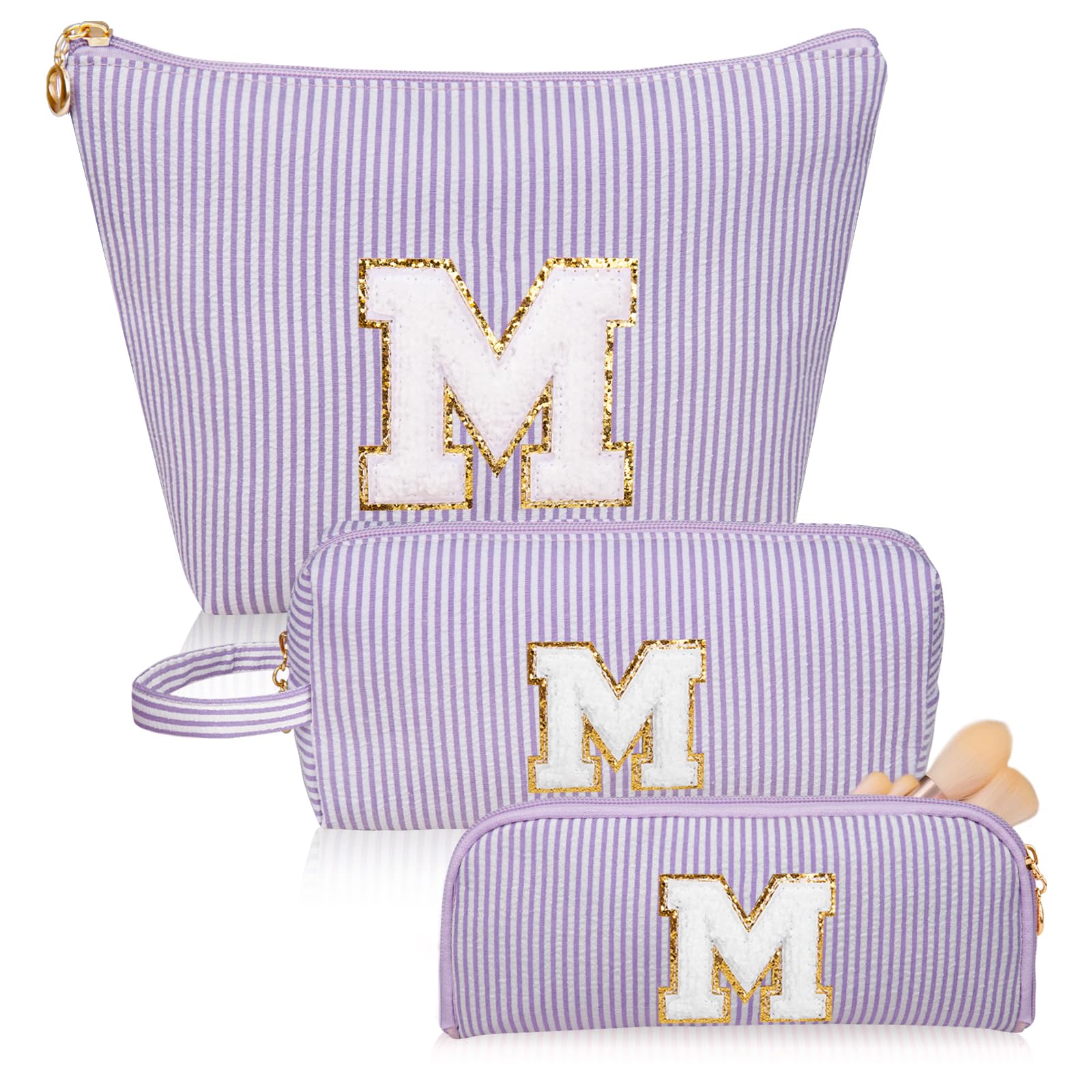 Junesters Initials Makeup Bag Set, Personalized Purple Cosmetic Bag, Cute Large Make up Bags, Travel Toiletry Bag for Women Girl Gifts M (Purple)