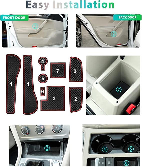 GAFAT Golf 7 7.5 GTI Variant R GTD GTE Non-Slip Rubber Mats - Centre Console Armrest, Cup Holder, Door Seam Mats (Red)