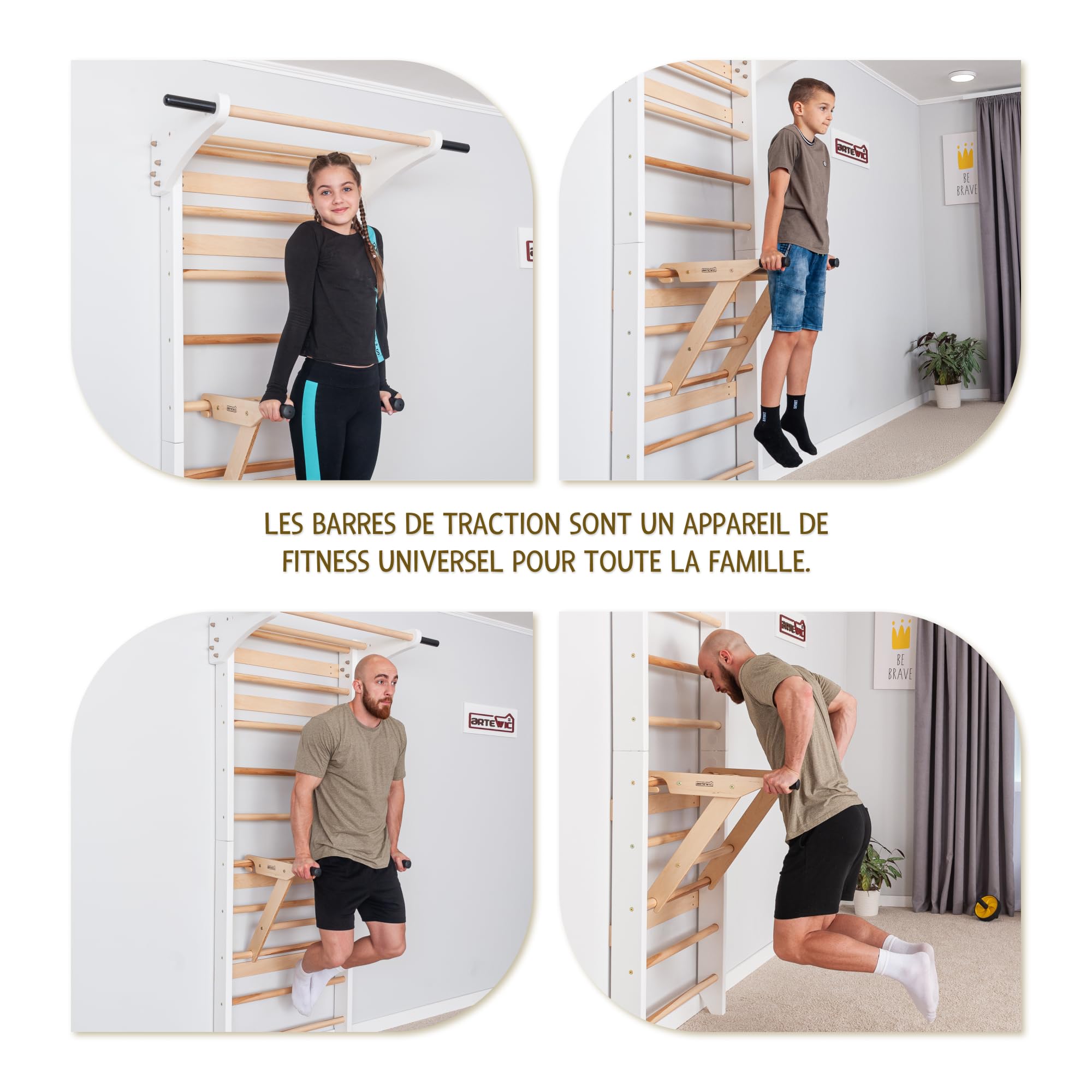 Parete a pioli in legno con barra per trazioni e parallele (pieghevole) - Struttura per arrampicata interna per bambini e adulti - Parete da ginnastica fino a 150 kg, scala da parete per