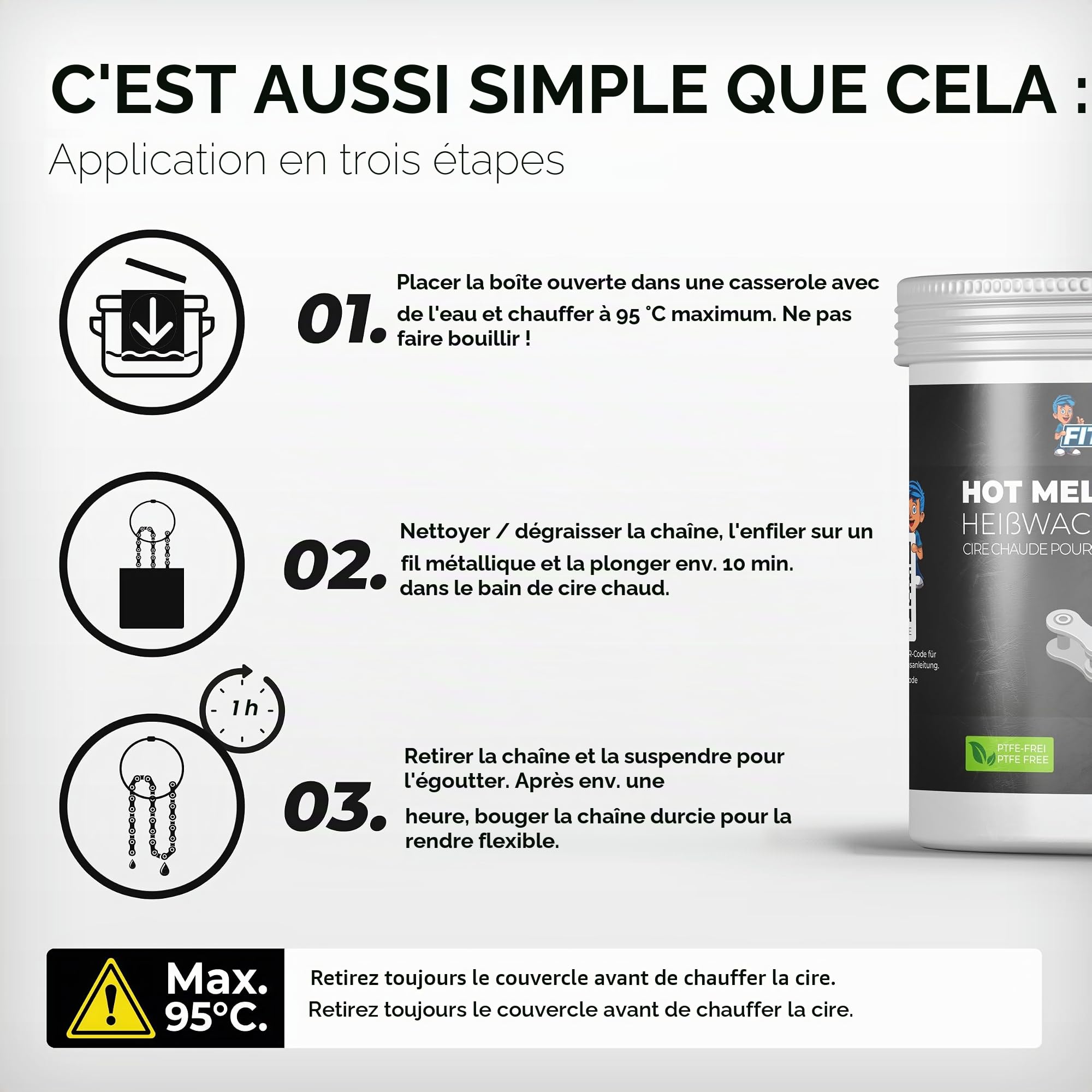 OH3 Fitgadgets Cire chauffante pour chaîne de vélo dans une boîte de cire chaude – Avec 3 supports de chaîne – 350 g de cire Hot Melt Chain avec graphite et sulfure de tungstène – Lubrifiant de cire