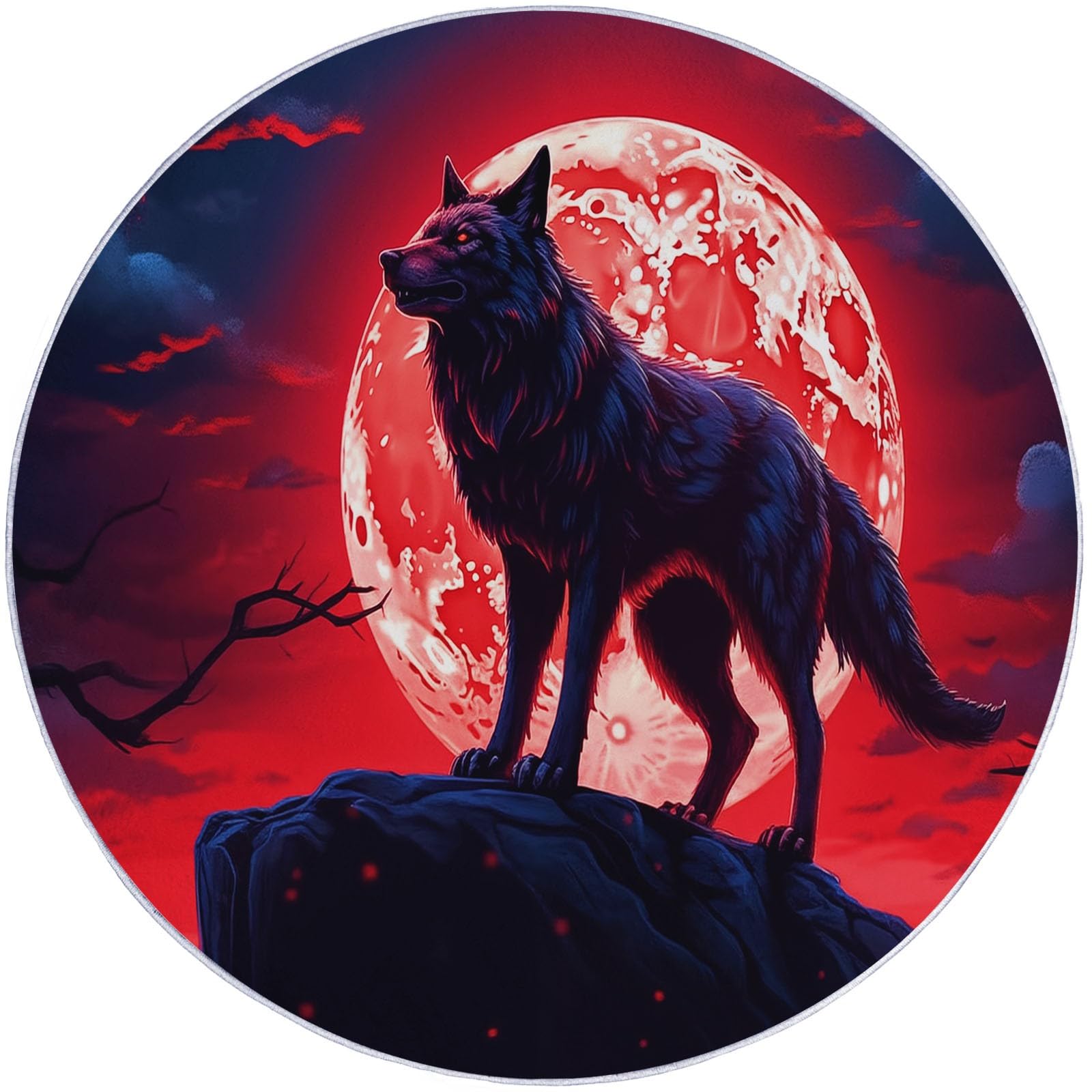 Générique Tapis Rond Salon 150 cm, Loup De Dessin Animé Fantastique Lune Imprimé Tapis de Sol Décoration Antidérapant pour Salon Chambre Cuisine Balcon Terrasse Salle à Manger Intérieur, Rouge Foncé