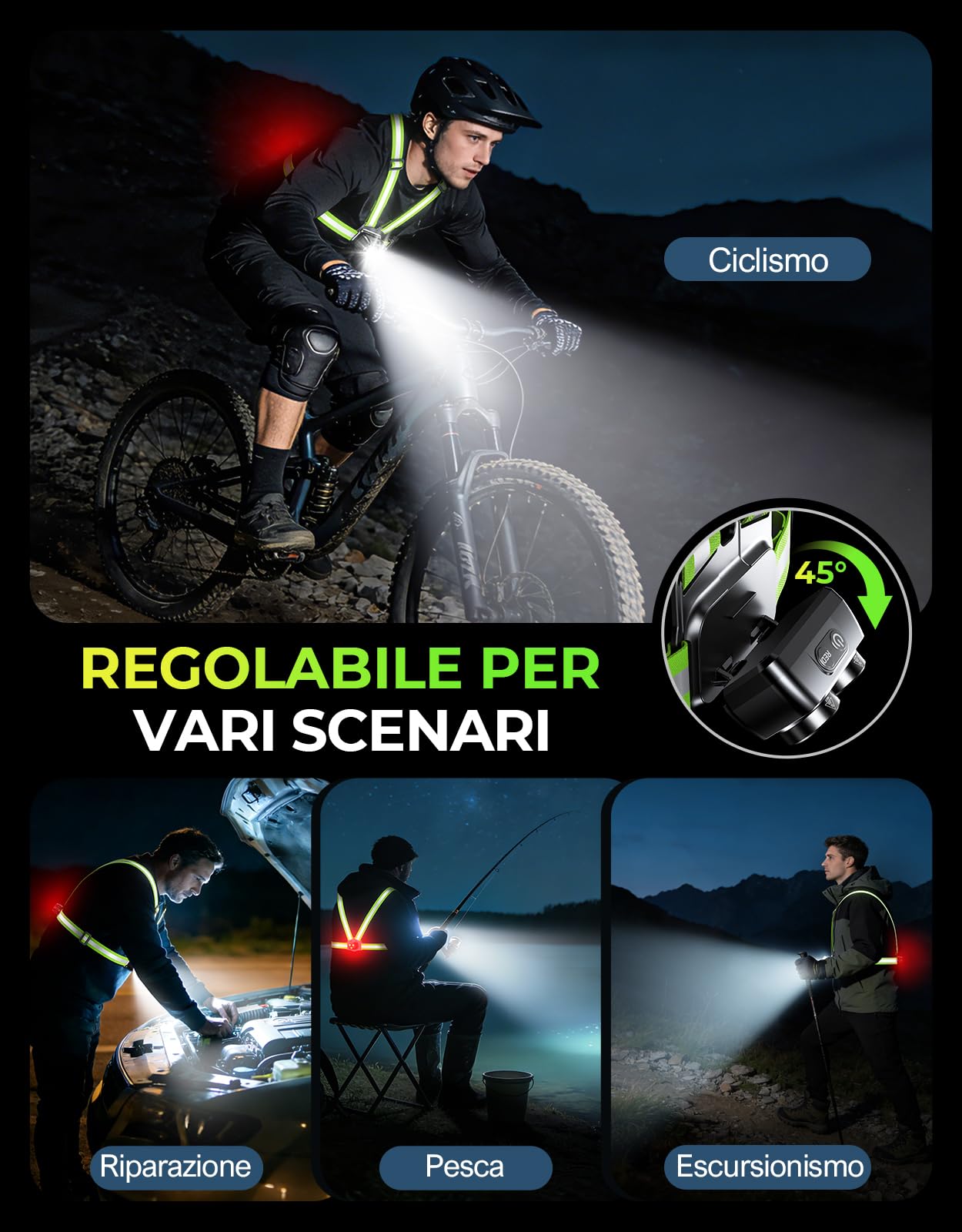 Luce Running 800LM IPX4 Impermeabile 7+2 Modalità Autonomia 4-25 Ore 45° Regolabile per Ciclismo Jogging