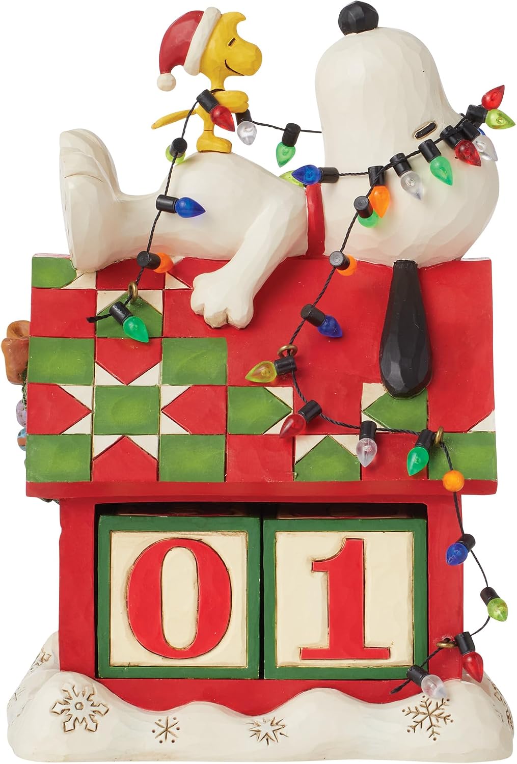 Enesco Peanuts by Jim Shore Snoopy's Dog House Christmas Countdown Calendar Figurine- Stone Resin Hand Crafted Painted Collectible Peanuts Snoopy Figurines Christmas Home Decor Statue, 7.09 Inch