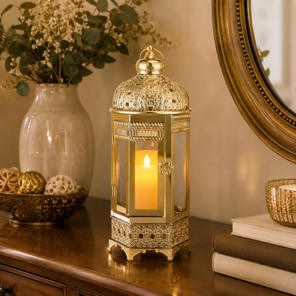 TRIROCKS Marokkanische Kerzenlaterne 41cm hoch Gold Kerzenständer mit gehärtetem Glas Dekorative Indoor Outdoor Ramadan Laterne für Wohnzimmer Garten Hof Partys (Gold)