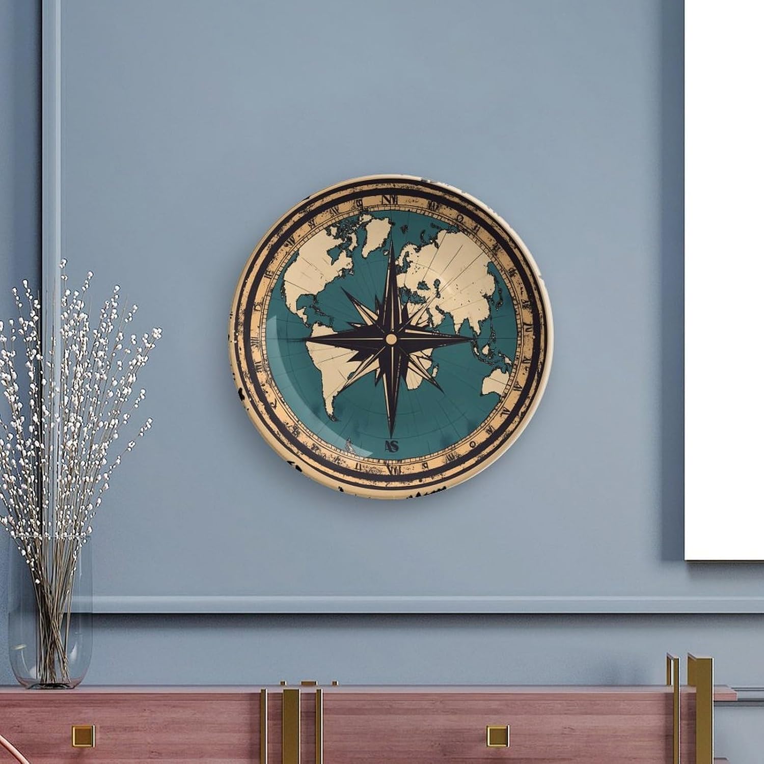 World Map Compass Sea Sailboat Bone China Decorative Plate with Stand Home Dessert Plates Gift for Men Women 7inch