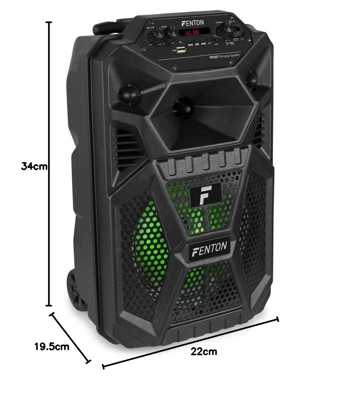 Fenton FPC8T – Altavoz portátil Bluetooth Potente de 100W con micrófono con Cable Incluido, USB, MicroSD, batería Recargable y Luces LED, Altavoz Bluetooth Grande Potente para Karaoke y Eventos