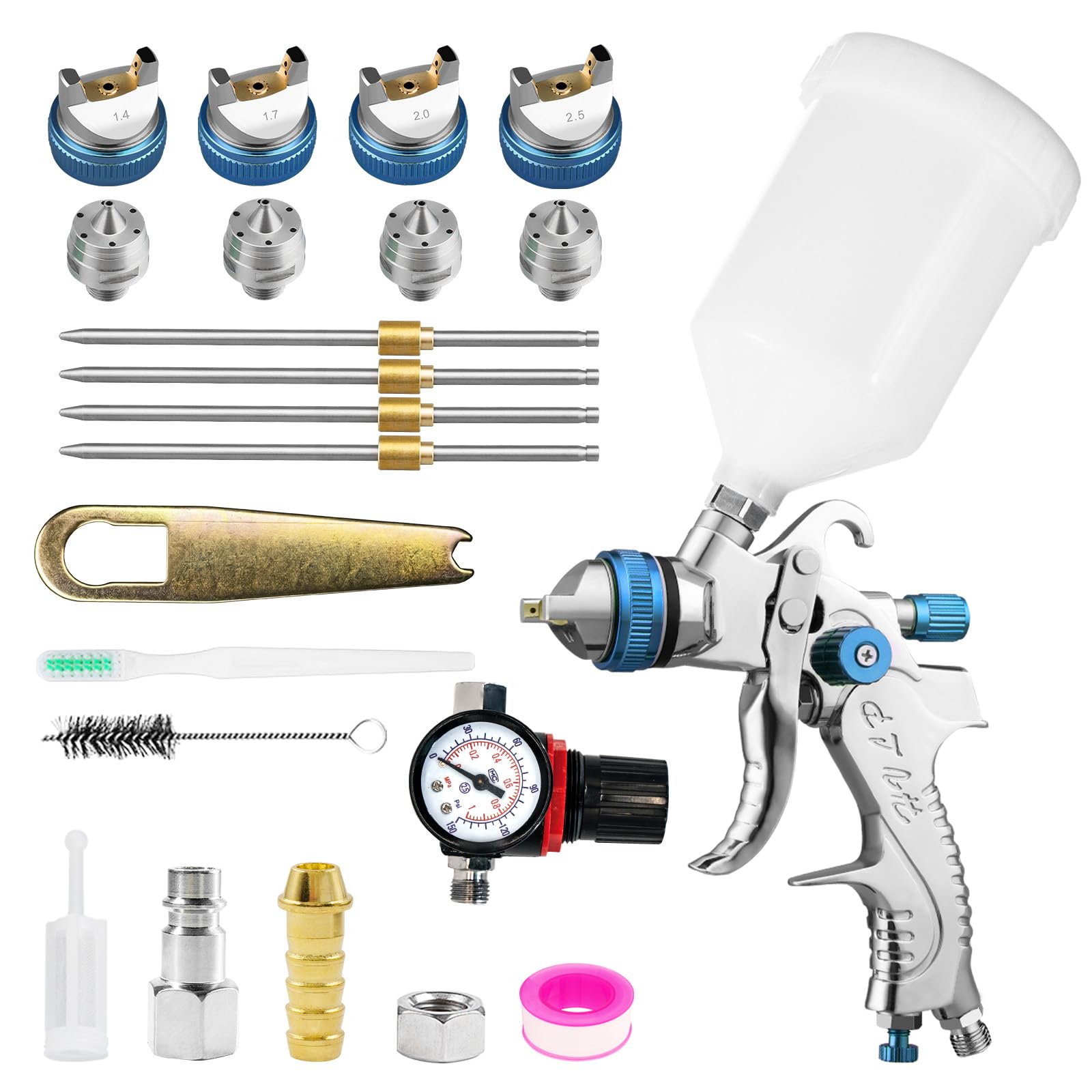 Pistolet à Peinture HVLP, 4 buse1,4/1,7/2,0/2,5mm, gobelet Plastique 600ml