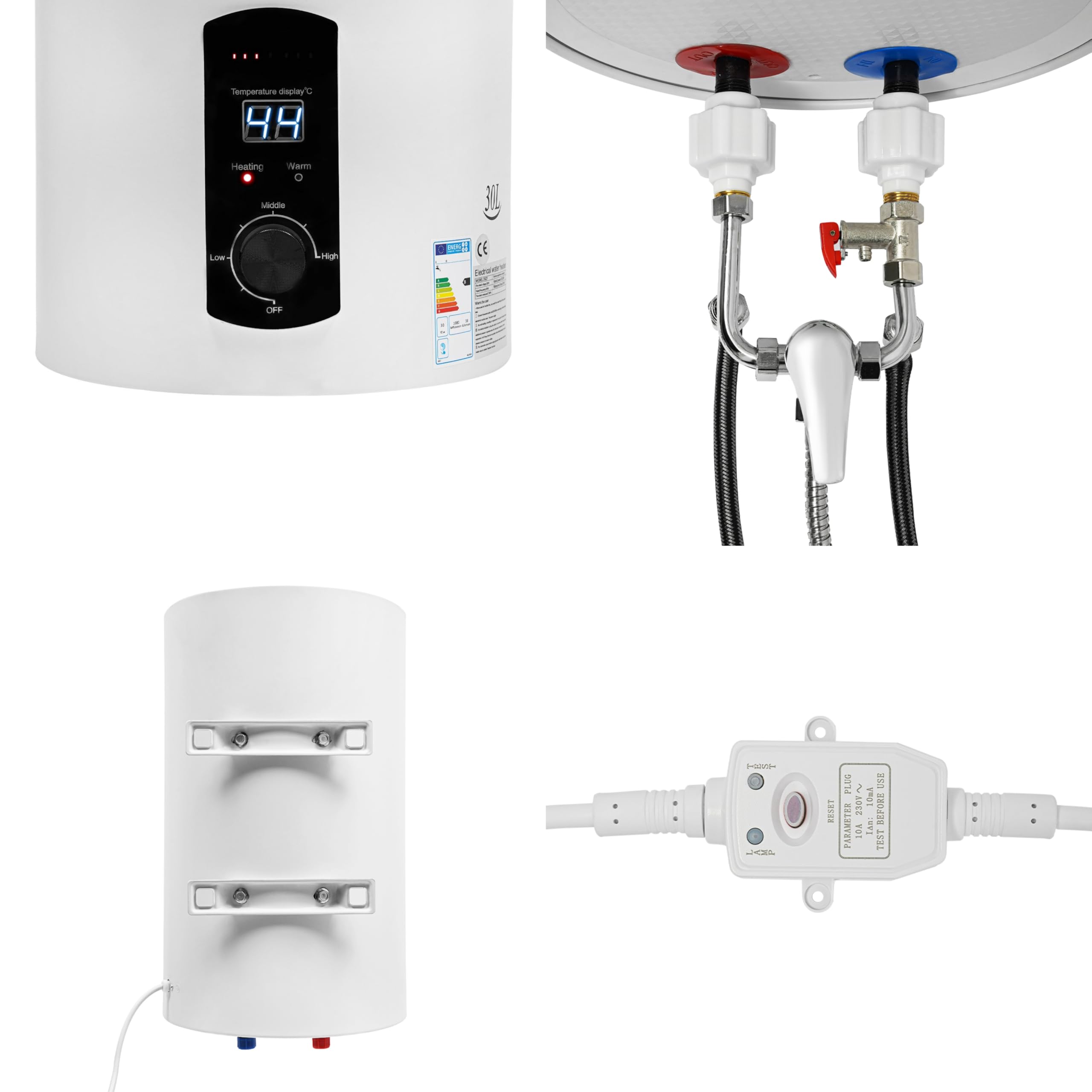 30L Elektrischer Warmwasserspeicher Wandhängender Boiler, Einstellbare Temperatur Elektrospeicher Wasserboiler mit Digitalanzeige, Elektrischer Warmwasserboiler Tank-Wassererhitzer mit Handbrause