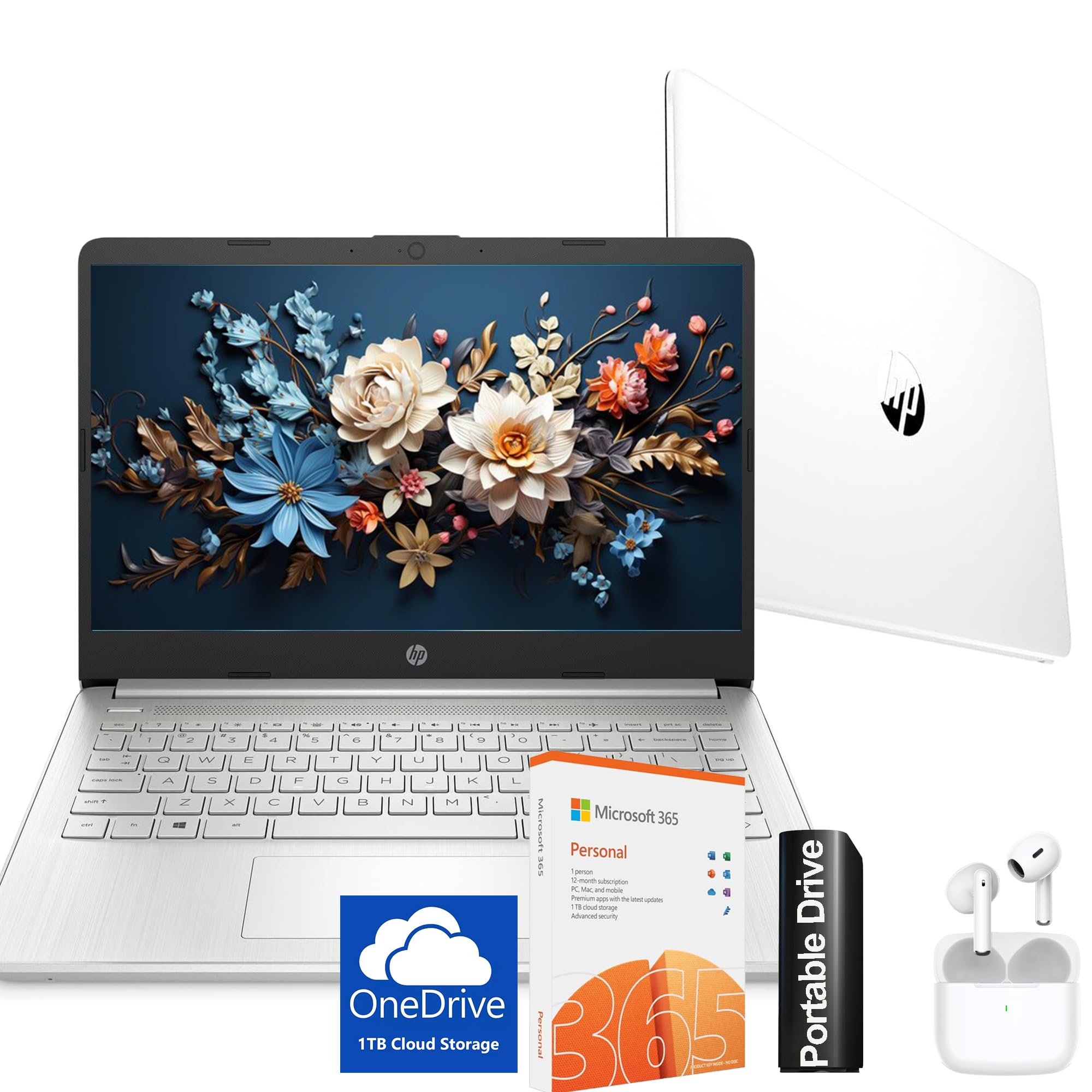 HP Ultralight 14 inch Laptop with Intel 4-Core Processor • with Microsoft 365 and Wireless Earbuds • 16GB RAM • 512GB External & 64GB Onboard & 1TB
