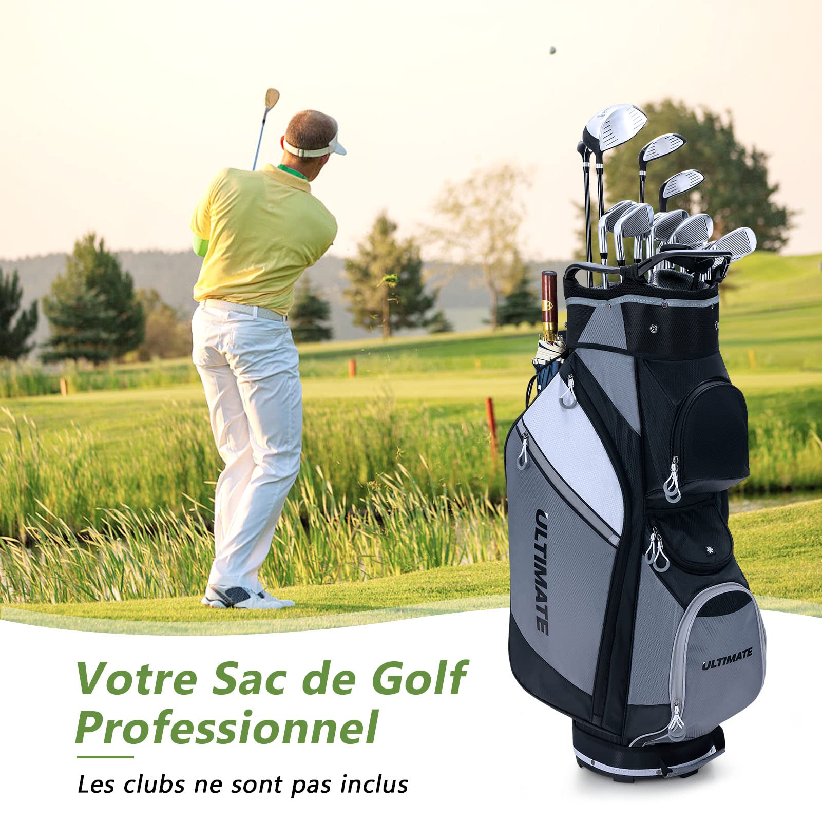 GOPLUS Sac de Chariot de Golf 14 Compartiments séparés avec Capuche Anti-Pluie, Sac de Voyage de Golf léger et Portable avec Housse Anti-poussière, bandoulière, Sac étanche pour Objets de Valeur