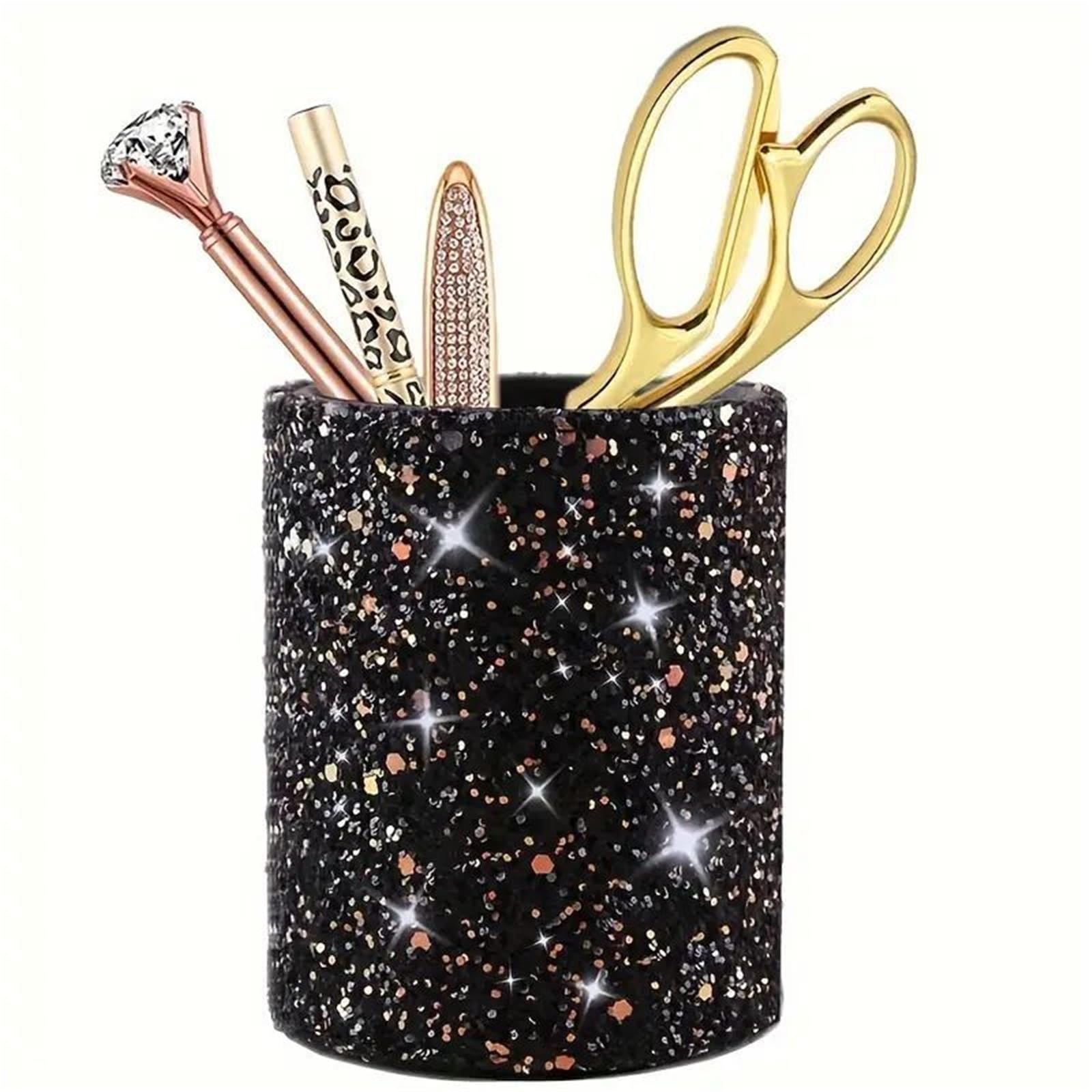 LOVSSU Bling Pen Holder, Nail Art Brush Eyebrow Storage Cylinder, Desktop Dressing Table Decorative Bucket, Makeup(Black)