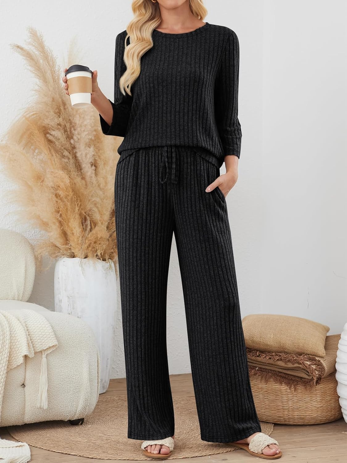 LILLUSORY Womens 2 Piece Lounge Sets Pajamas Matching Outfits 2026 3/4 Sleeve Fall Clothes Vacation Comfy Casual Sweatsuits - Image 2