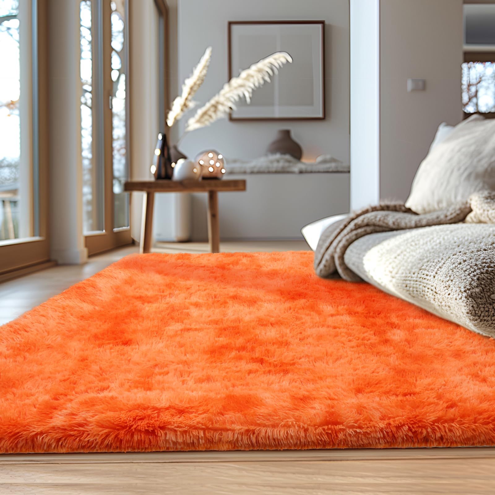 VAIPI Orange Area Rug for Living Room 5x7 Feet Fall Soft Furry Rugs Cozy Plush Shag Area Rugs Fuzzy Faux Fur Rectangle Carpet Burnt Orange Rugs for