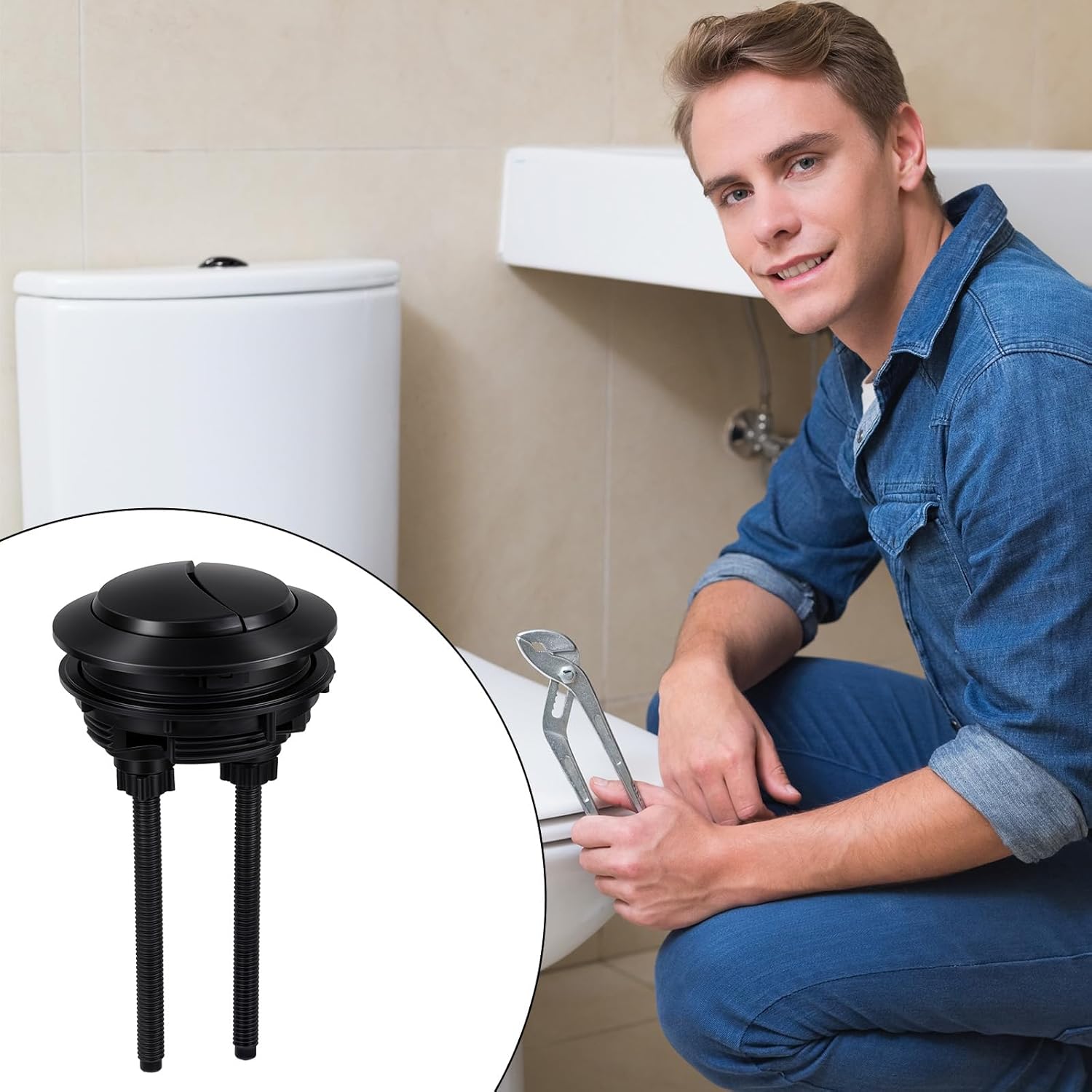 Black Dual Flush Toilet Button Suitable for 2.28-2.68in Holes 57-70mm Thread Diameter Toilet Button Pusher Adjustable Push Button for Water Tank Repair, Black