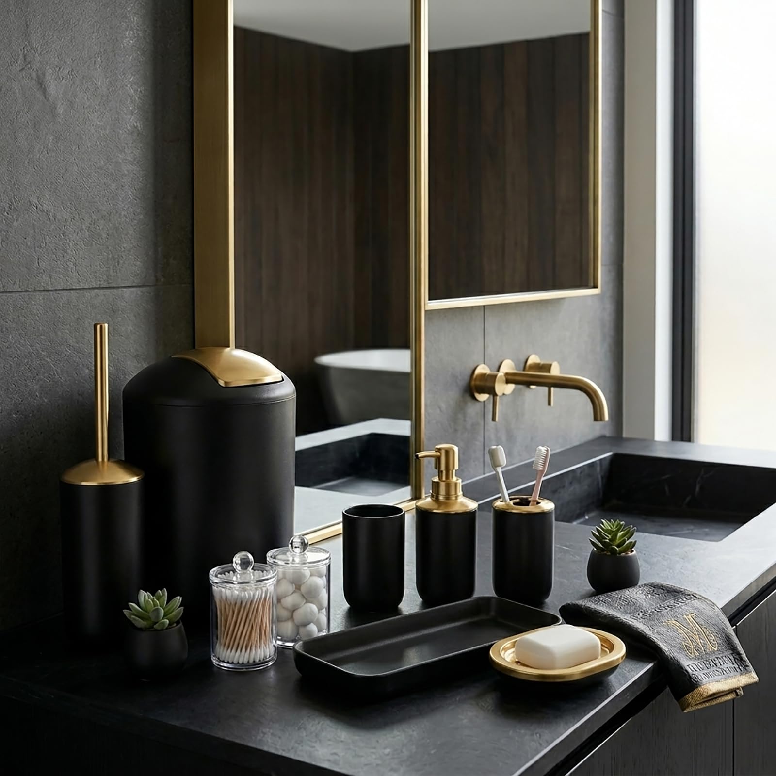 Badezimmer-Zubehör-Set, 9-teilig, Mülleimer, Seifenspender und Schale, WC-Bürste, Zahnbürstenhalter, Becher, Tablett, Wattestäbchen-Behälter, Arbeitsplatten-Organizer und Einweihungsgeschenk