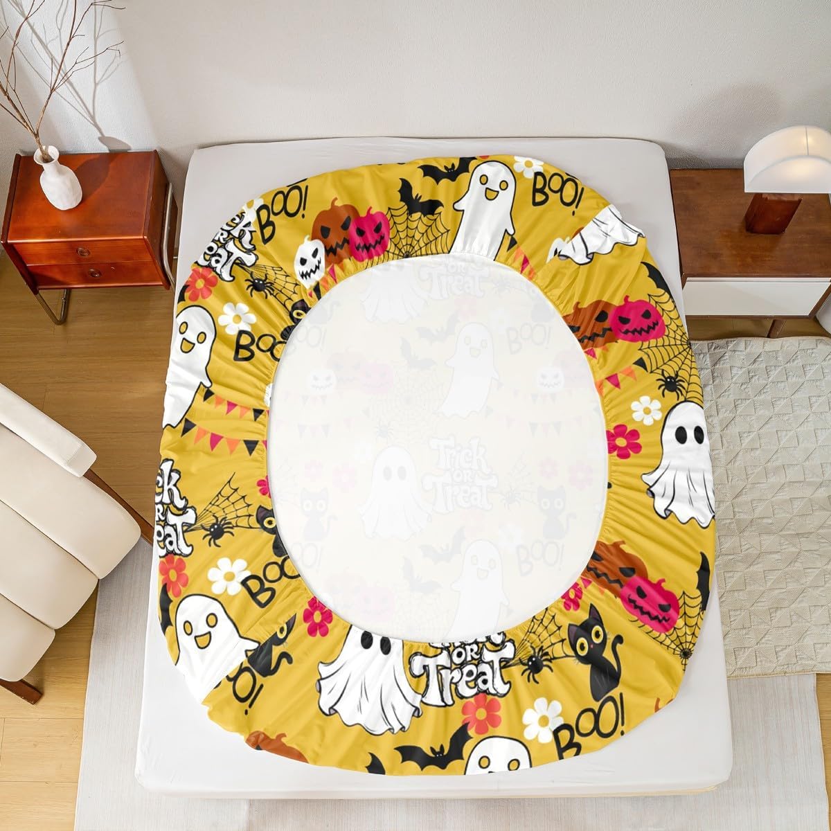 Cartoon Ghost Spider Fitted Sheet Goth Halloween Bats Full Size Bed Sheets - Gothic Black Cat Cobwebs Floral Pumpkin Lantern Bedding Set,Yellow