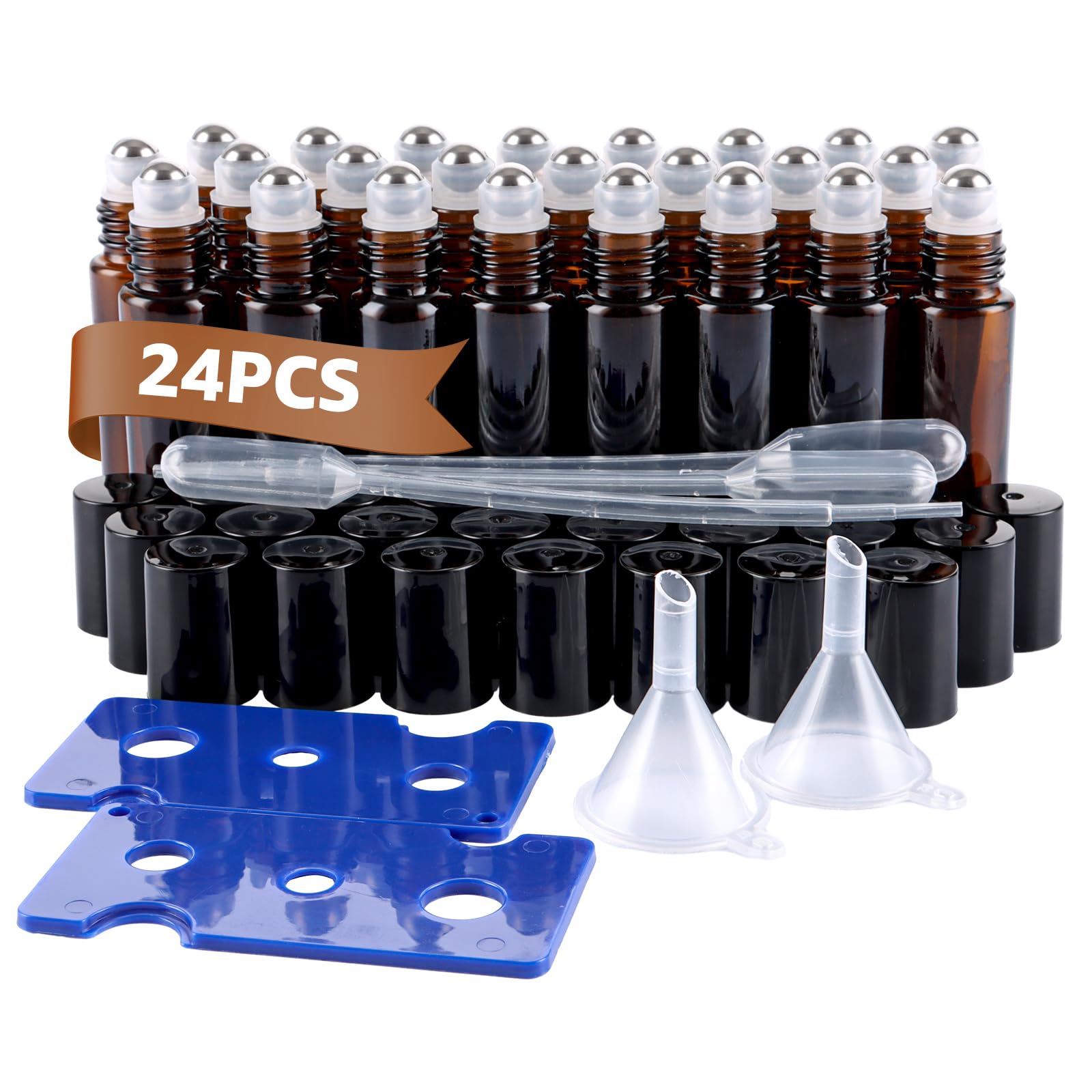 24 pièces huiles essentielles Roller bouteilles en verre, 10ml vide en verre Roll-on bouteilles, brun Roll on bouteilles en verre avec entonnoir, ouvreur, pipettes, pour les huiles essentielles