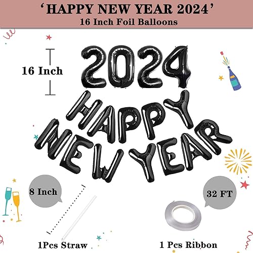Miniatura 2 de Globos negros de feliz año nuevo 2024, globos de aluminio de 16 pulgadas, decoraciones de Año Nuevo 2024 para fiesta de Año Nuevo, decoración de Año