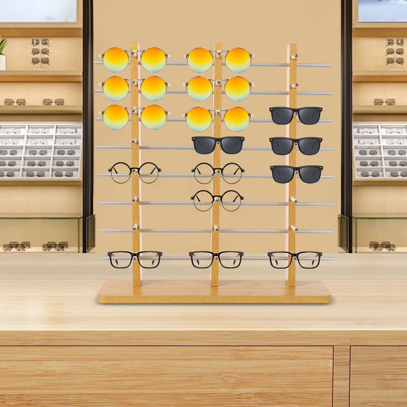 Upgrade Glasses Display Stand, 8 Tier Large Sunglasses Holder Organizer Rack with Wood Base, Eyeglasses Storage Display Stand for 24 Pairs of Glasses, Glasses Holder Rack for Glasses Store, Home