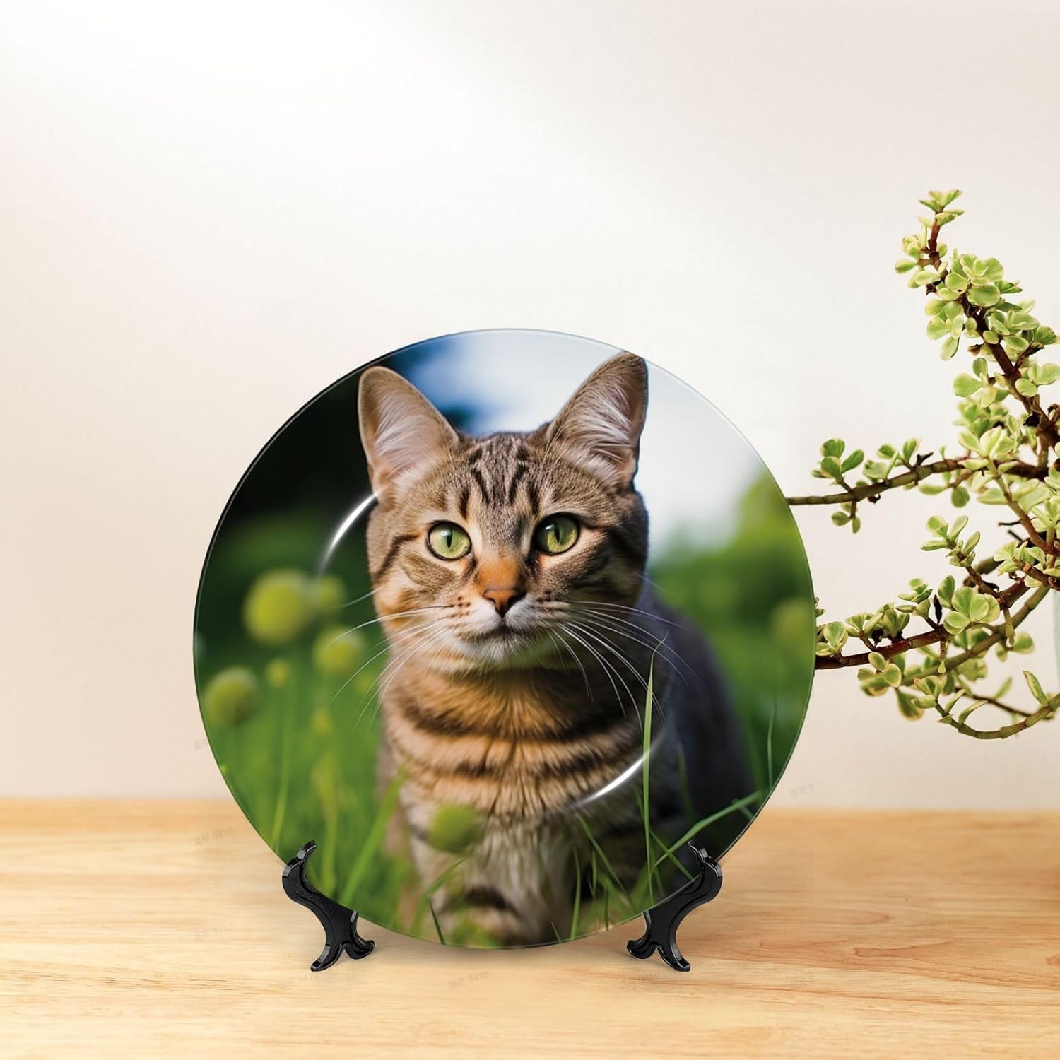 Decorative Plate 10in Dessert Plate Ornament Ceramic Plates with Display A tabby cat on the grass Bone China Decorative Plat Stand Hanging Porcelain Plate for Home Wall Decor