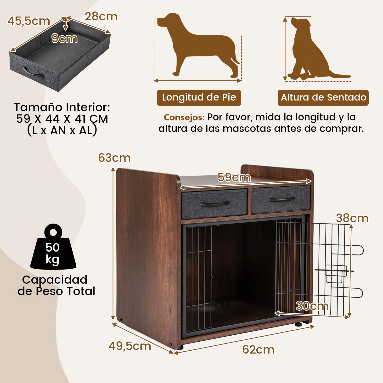 GOPLUS Mueble para Perros, Caja de Madera con 2 Cajones de Tela, Puerta Bloqueable, Caseta para Perro Interior, Mesa de Caja Resistente para Perros Pequeños y Medianos
