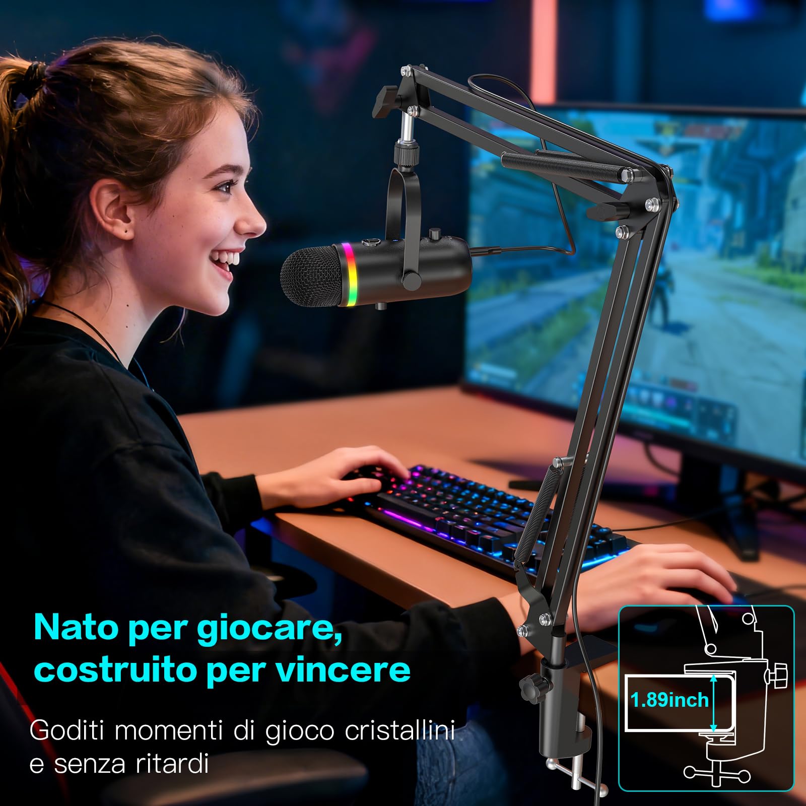 zealsound Microfono USB per Podcast con Braccio, Microfono RGB Gaming con cancellazione del rumore, Mute Rapido e Jack di Monitoraggio, Microfono da Studio per PC/Mac/Phone, Streaming e YouTube