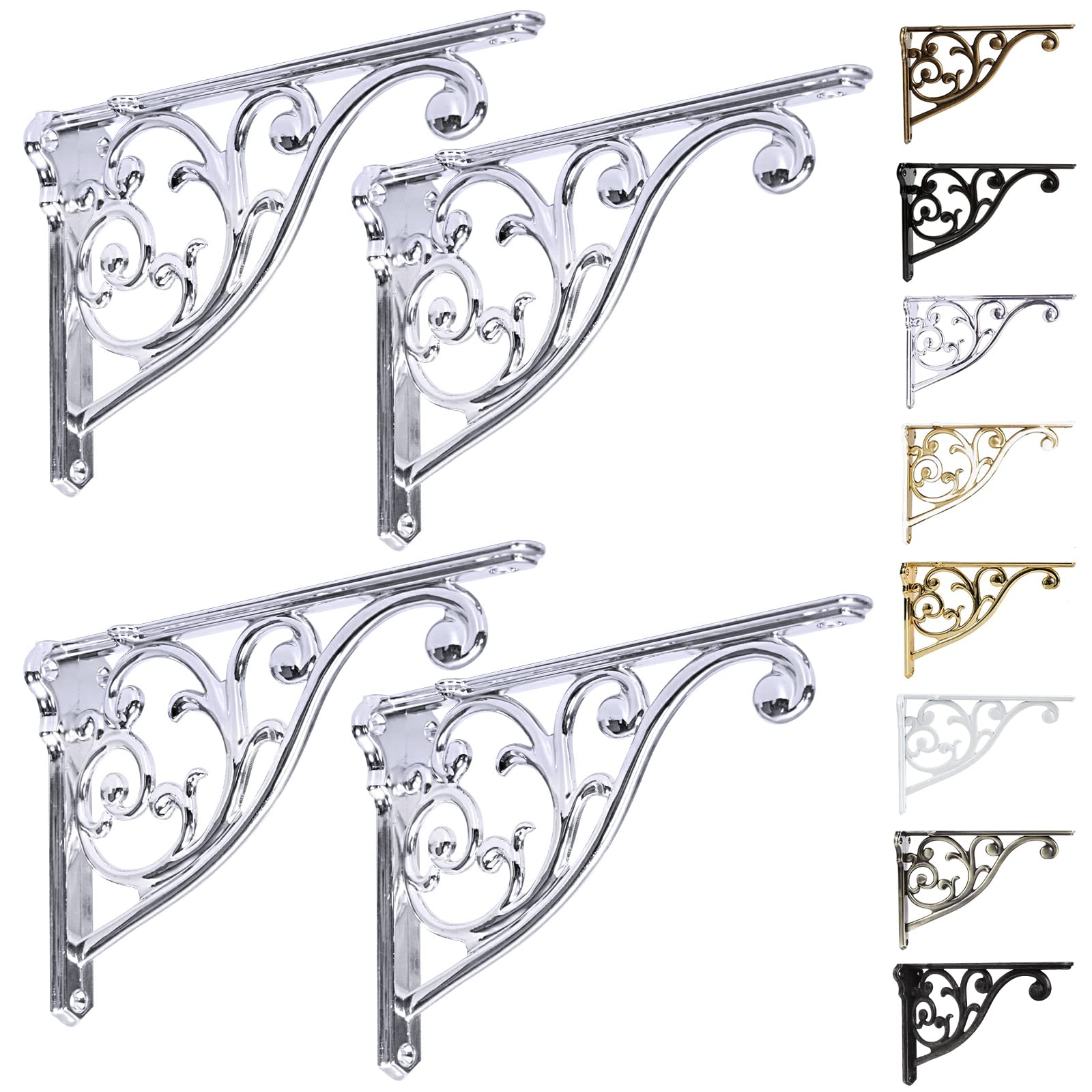 Shelf Brackets 8 Inch 4PCS Heavy Duty Polished Chrome Wall Bracket Baroque Kitchen Decorative Rack Shelves, Including All Hardware. (4, Chrome) — image 1