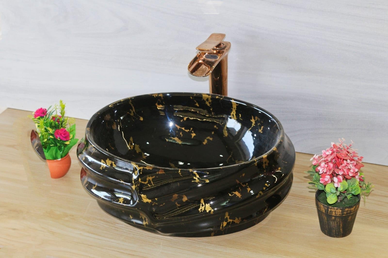 NEXIS Designer Glossy Finish Ceramic Art Wash Basin Vessel Sink Table Top | Collapsible Wash Basin | Art Wash Basin (16 x 13 x 6 Inch) (Black)