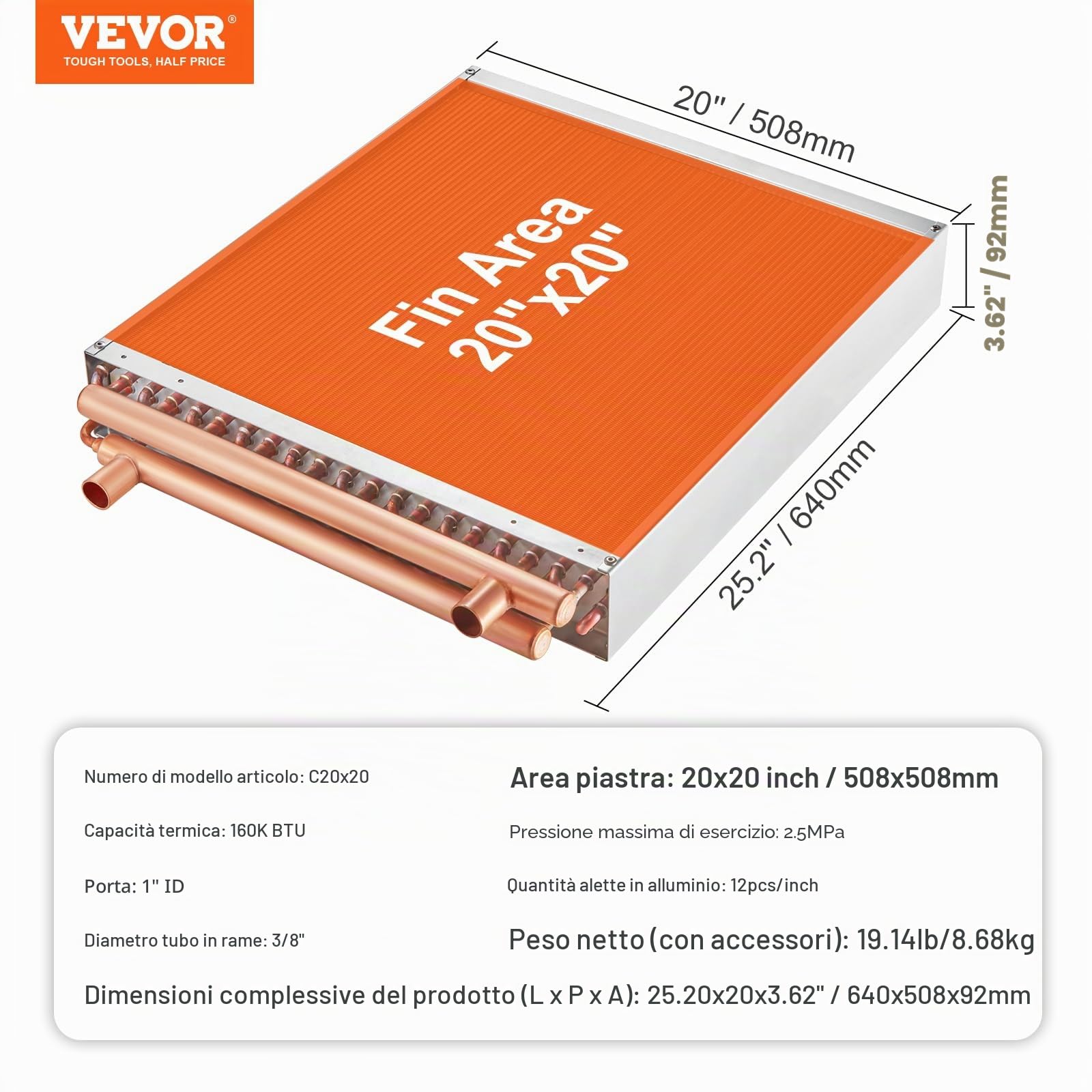 VEVOR Scambiatore di Calore Acqua-Aria, con Alette in Alluminio 242 per Forni a Legna Esterno, Riscaldamento e Raffreddamento Residenziale ad Aria Forzata Porte Rame 3 File 9,53 mm 50,8 x 50,8 cm