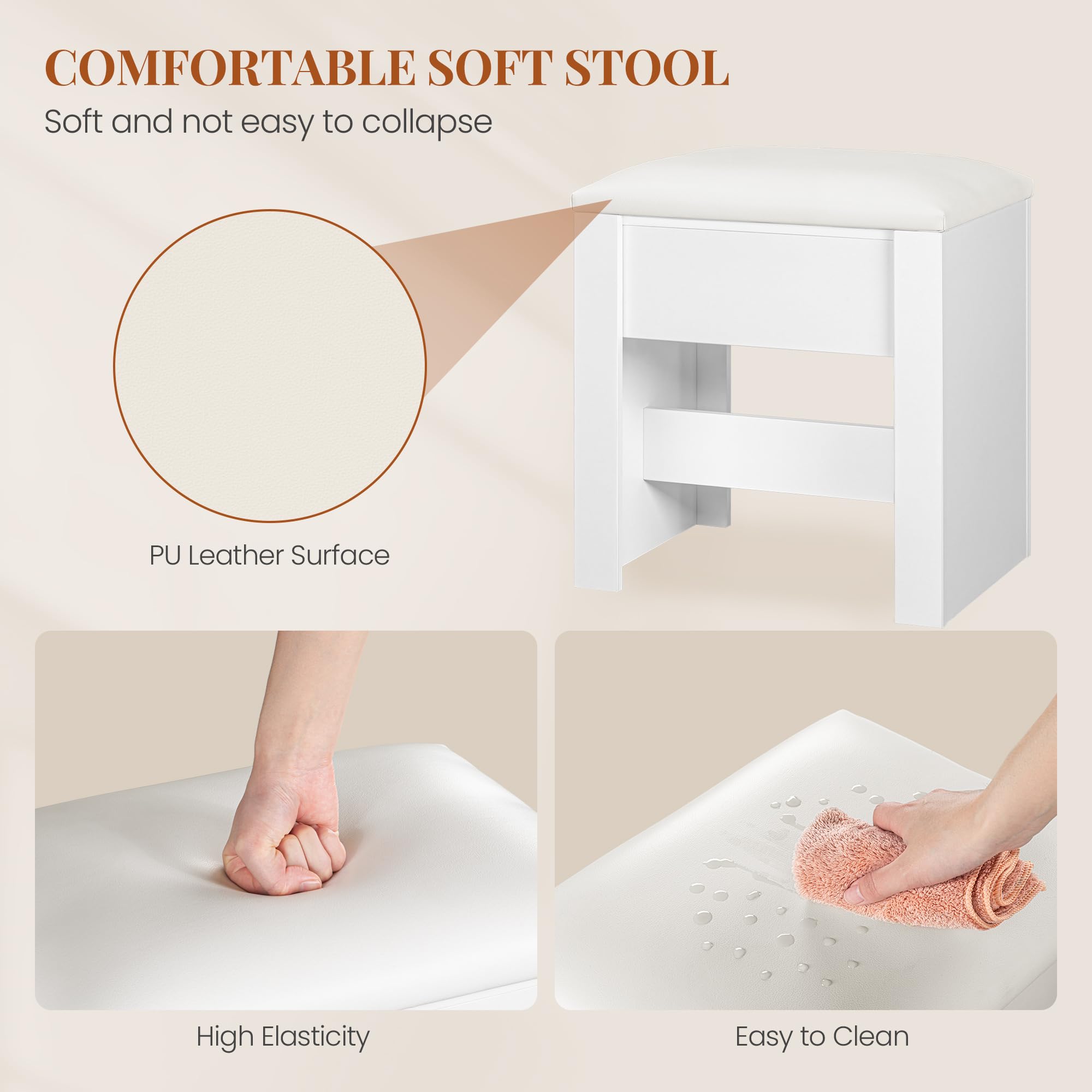HEXCELEN Taburete de Tocador Tapizado con Almohadilla Antideslizante Blanco 30 x 40 x 44 cm