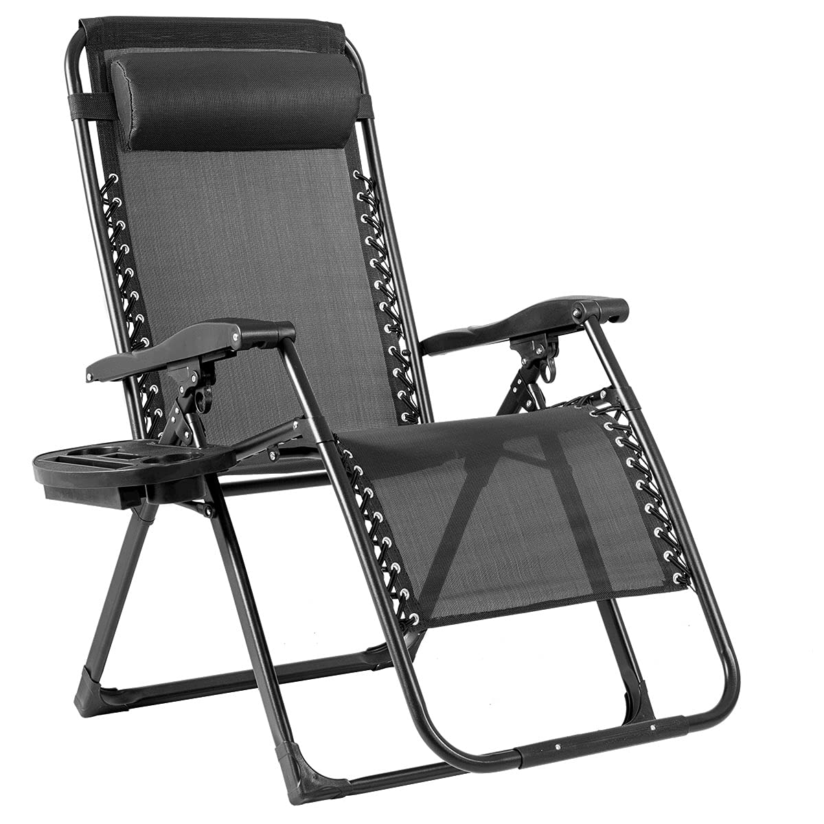 COSTWAY Folding Zero Gravity Chair, Oversized Patio Recliner Sun Lounger with Removable Pillow and Side Tray, Portable Outdoor Chaise Lounge for Garden Deck Poolside Beach (1, Black)