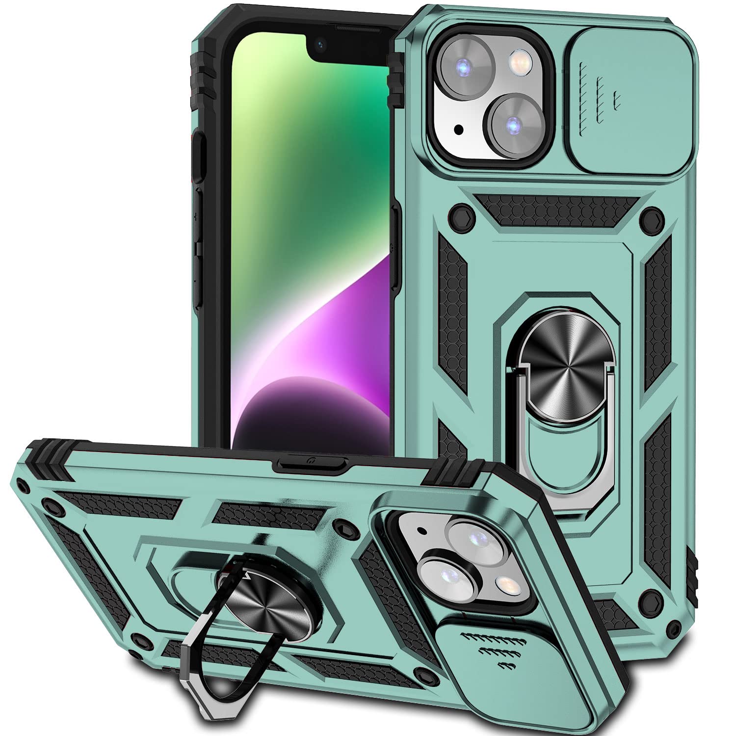 Hitaoyou Compatible with iPhone 14 Case 6.1", iPhone 14 Magnetic Case with Camera Cover & Kickstand Military Grade Shockproof Cover Green
