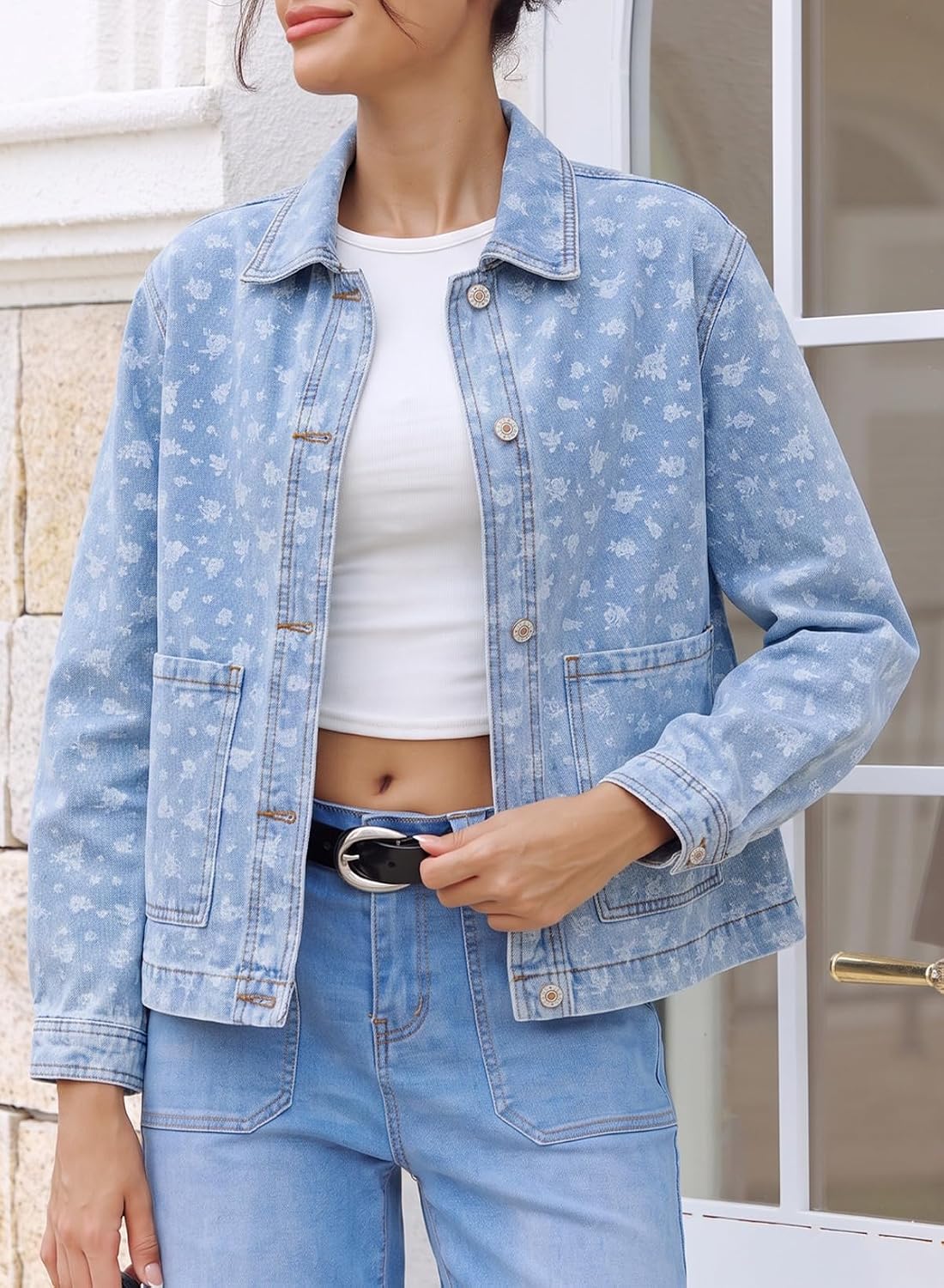 EVALESS Women's Basic Button Down Long Sleeves Denim Jean Jacket image 5
