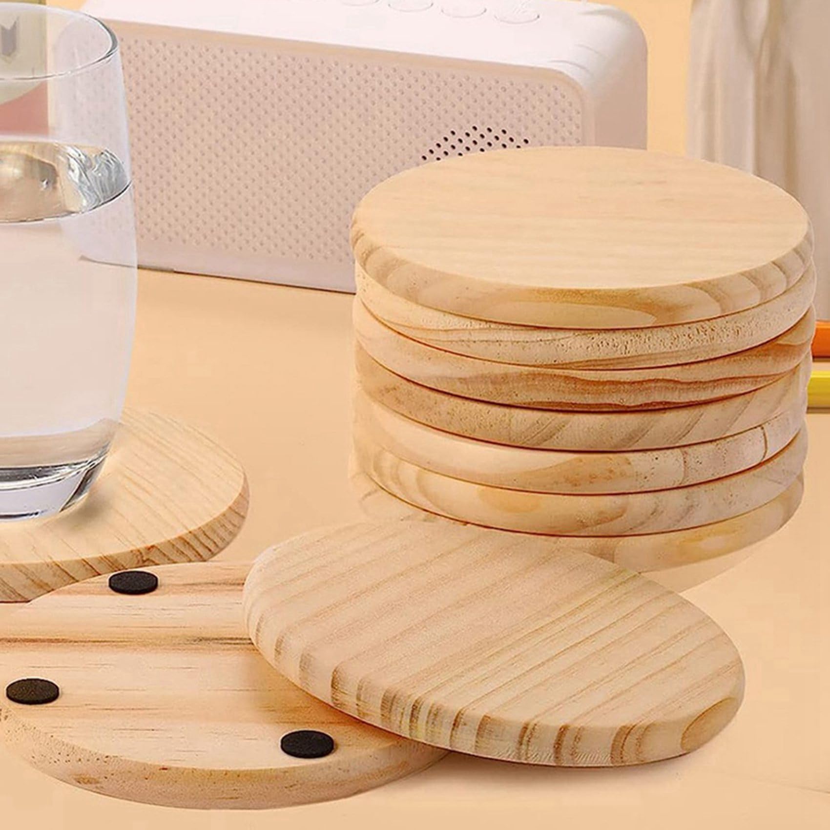 Wuden 60Pcs Unfinished Wood Coasters, 4 Inch Round Blank Wooden Coasters for Crafts with Non-Slip Silicon Dots