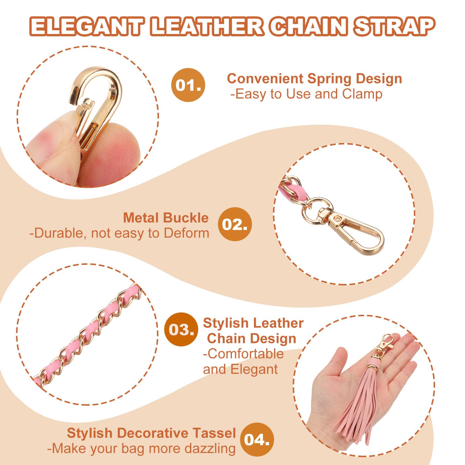 PATIKIL Purse Chain Strap, 47 Inch Leather Chain Straps Purse Strap Replacement with Tassel for Crossbody Bag Handbag Woman Pink/Gold - Image 3