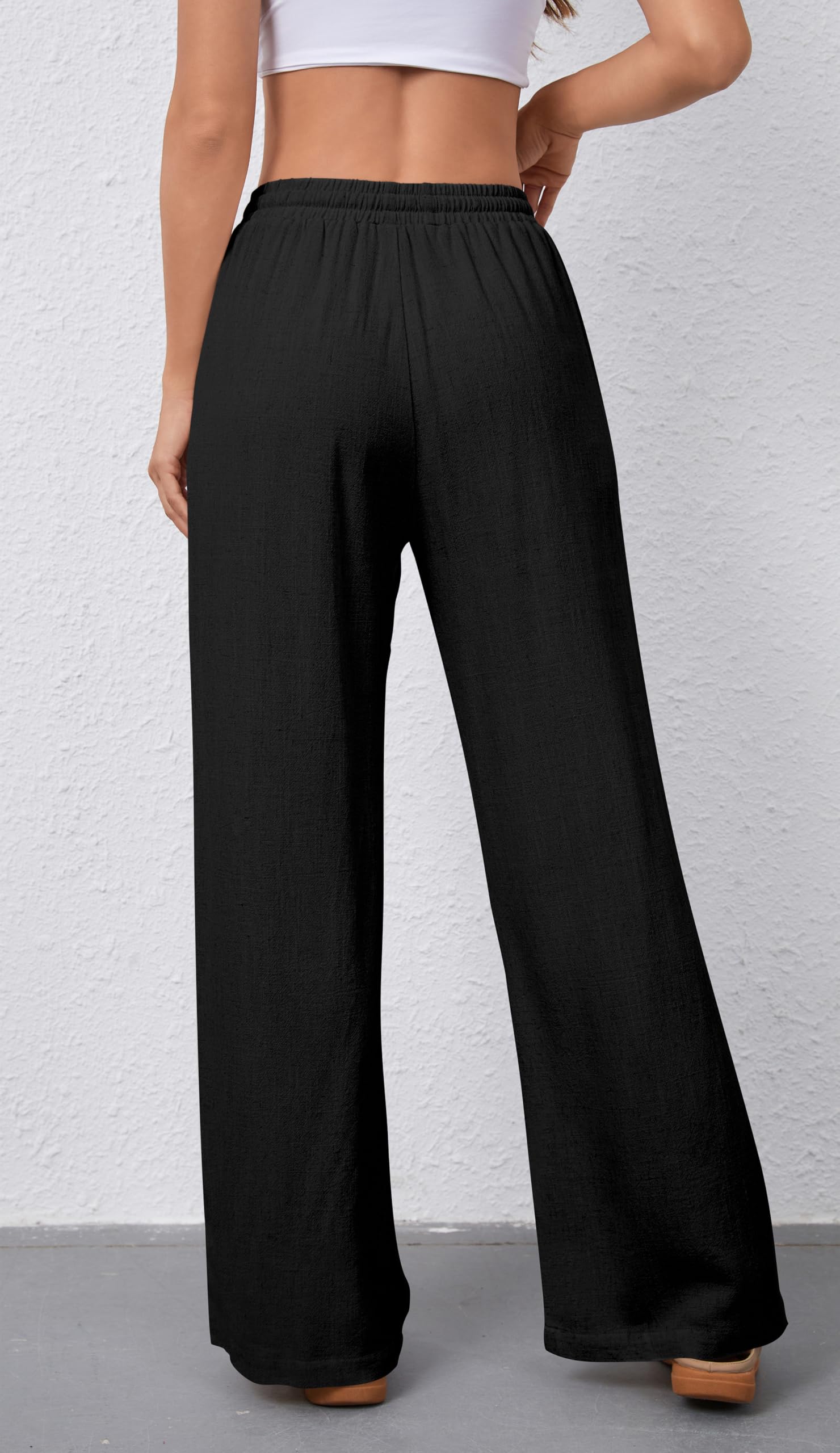 NONSAR Pantalon pour Femme en Coton avec Cordon de Serrage Pantalon en Lin Taille élastique Décontracté Coupe Ample Jambes Larges avec Poches Léger Couleur Unie Pantalon de Plage