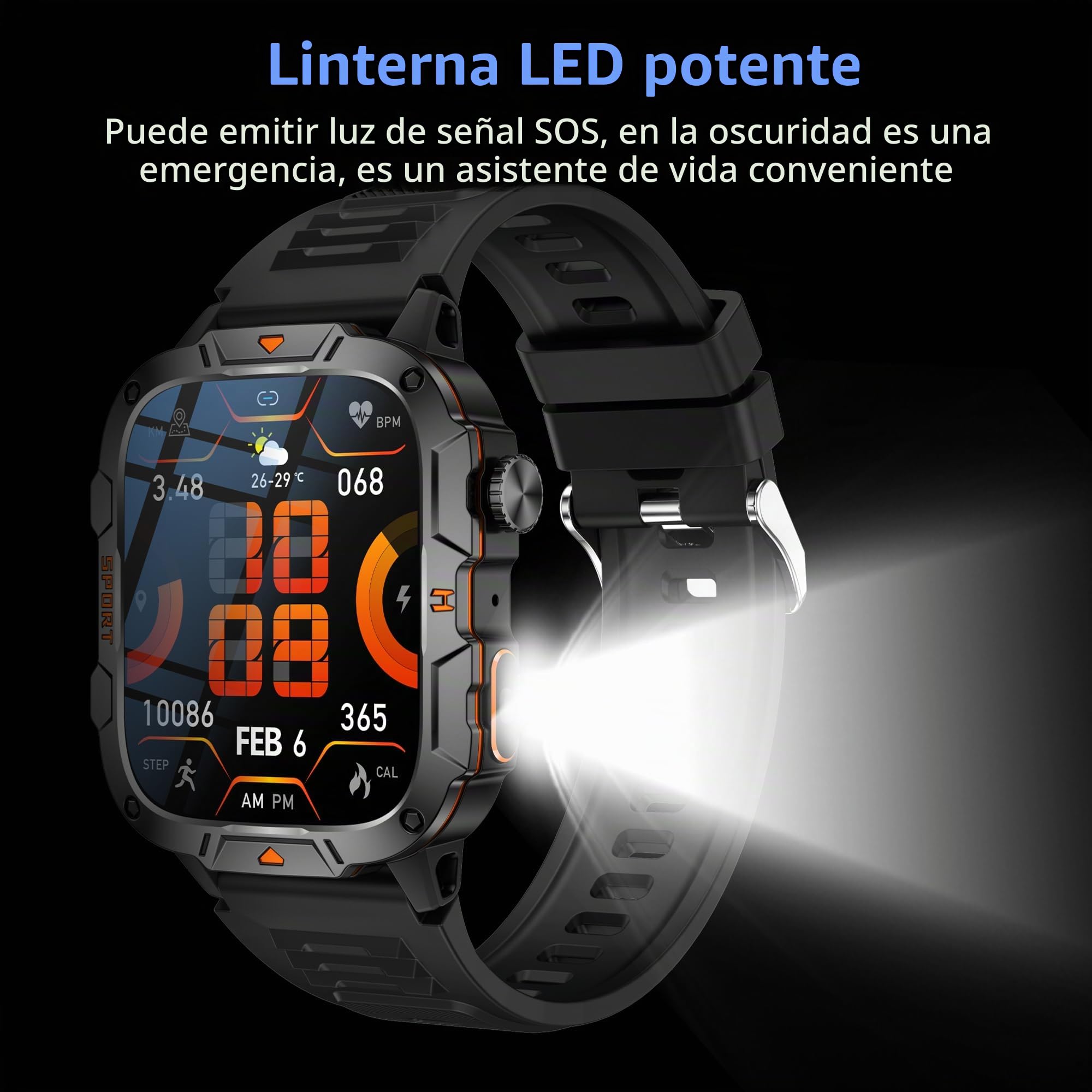 AMOLED Reloj Inteligente Hombre con Llamadas y Whatsapp, Smartwatch Militar con 123 modos Deportivos/Ritmo Cardíaco/SpO2/Sueño, 3ATM Impermeable Reloj Smartwatch Hombre para Android iOS (naranja)