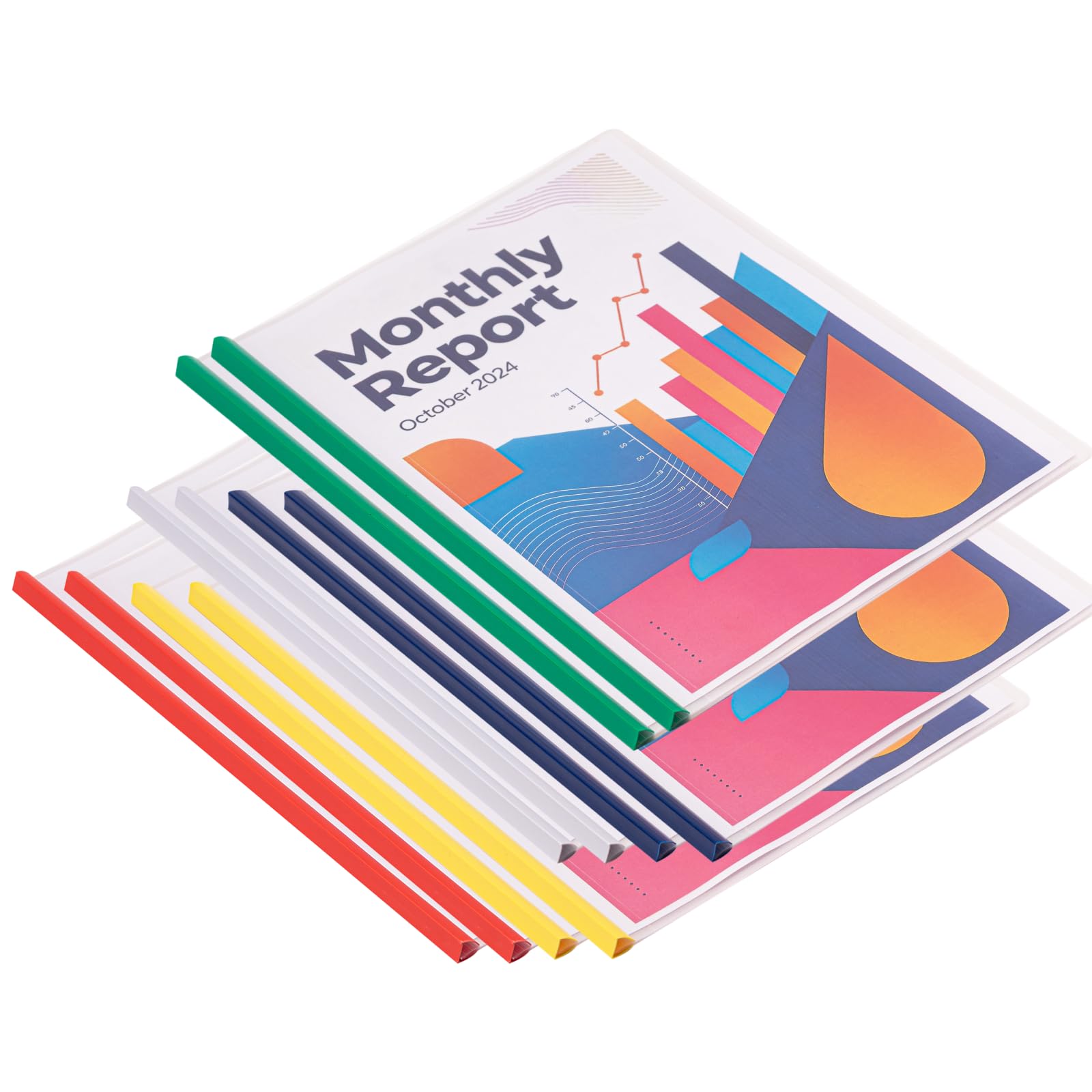 10 Pack A4 Clear Report Covers with Triangle-Type Sliding Bar, 70-Sheet Capacity, 5 Colors (White/Red/Yellow/Blue/Green), Transparent Plastic File Folders for School Projects & Office Documents