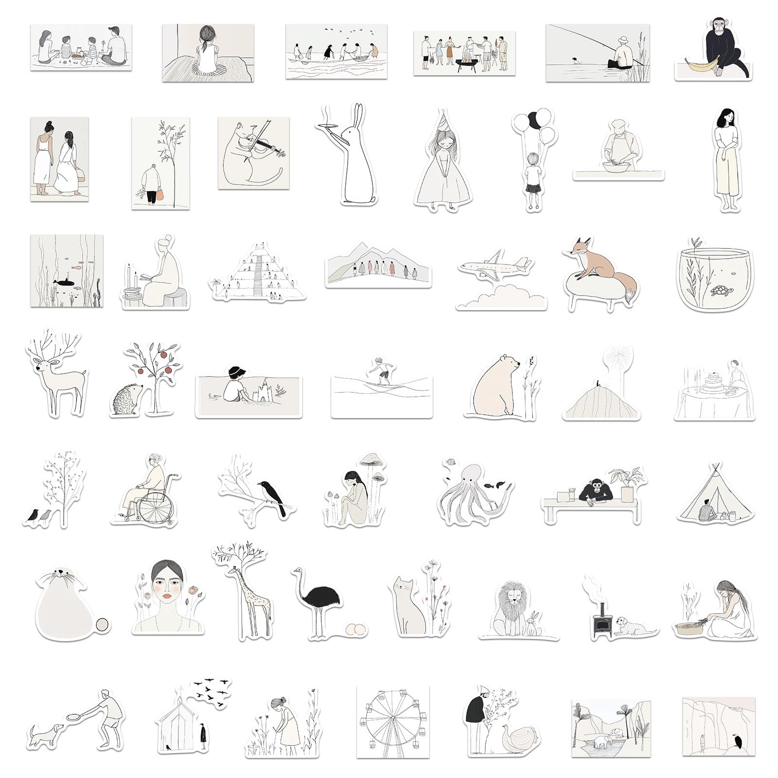 50Pcs Art Illustrations Sticker Water Resistant Aesthetic Sticker for Water Bottle Laptop Scrapbook Journal Phone Case Creative Geometric Scrapbooking