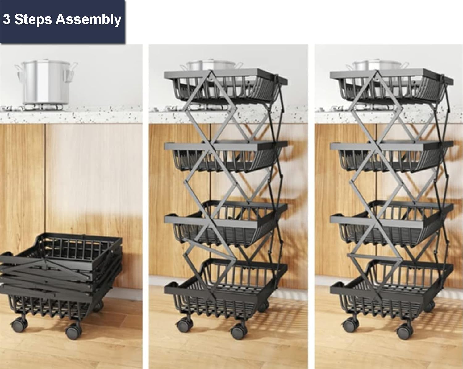 Baskets Rack Kitchen Pantry Storage Organizer Cart No Assembly Need 5 Tiers Foldable Utility Metal Cart Collapsing Fruit Vegetable Baskets Cart with Wheels