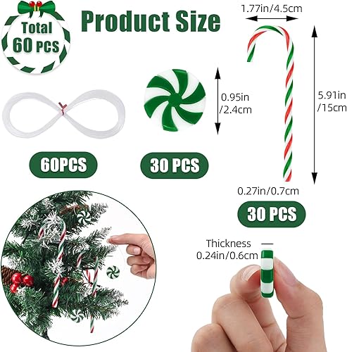 Miniatura 2 de 60 decoraciones colgantes para árbol de Navidad, bastones de caramelo de plástico para Navidad, adornos de menta para regalo de Navidad, Acción de