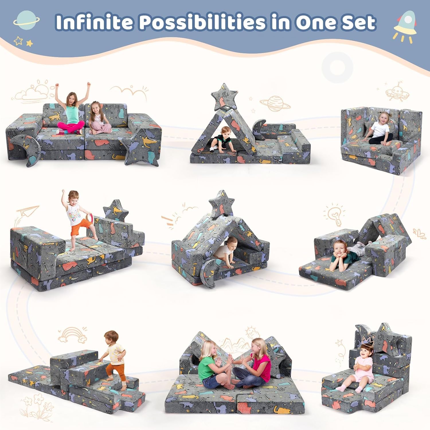 Divano gioco modulare in schiuma per bambini, composto da 10 pezzi, conforme alle Con effetto luminoso (Divano per bambini - Set da 9 pezzi - Colore luminoso)