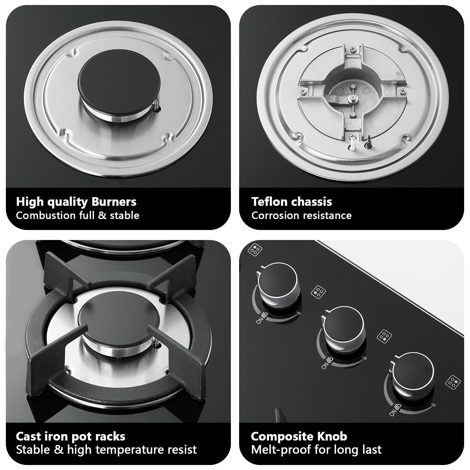 IsEasy Gas Hob 4 Burners - Black Plug in NG/LPG Gas Hob, 7800W 4 Cooking Areas Built in Glass Cooktop Hob 60cm with Cast Iron Pan Support, Thermocouple Protection, Integrated Ignition — view 5