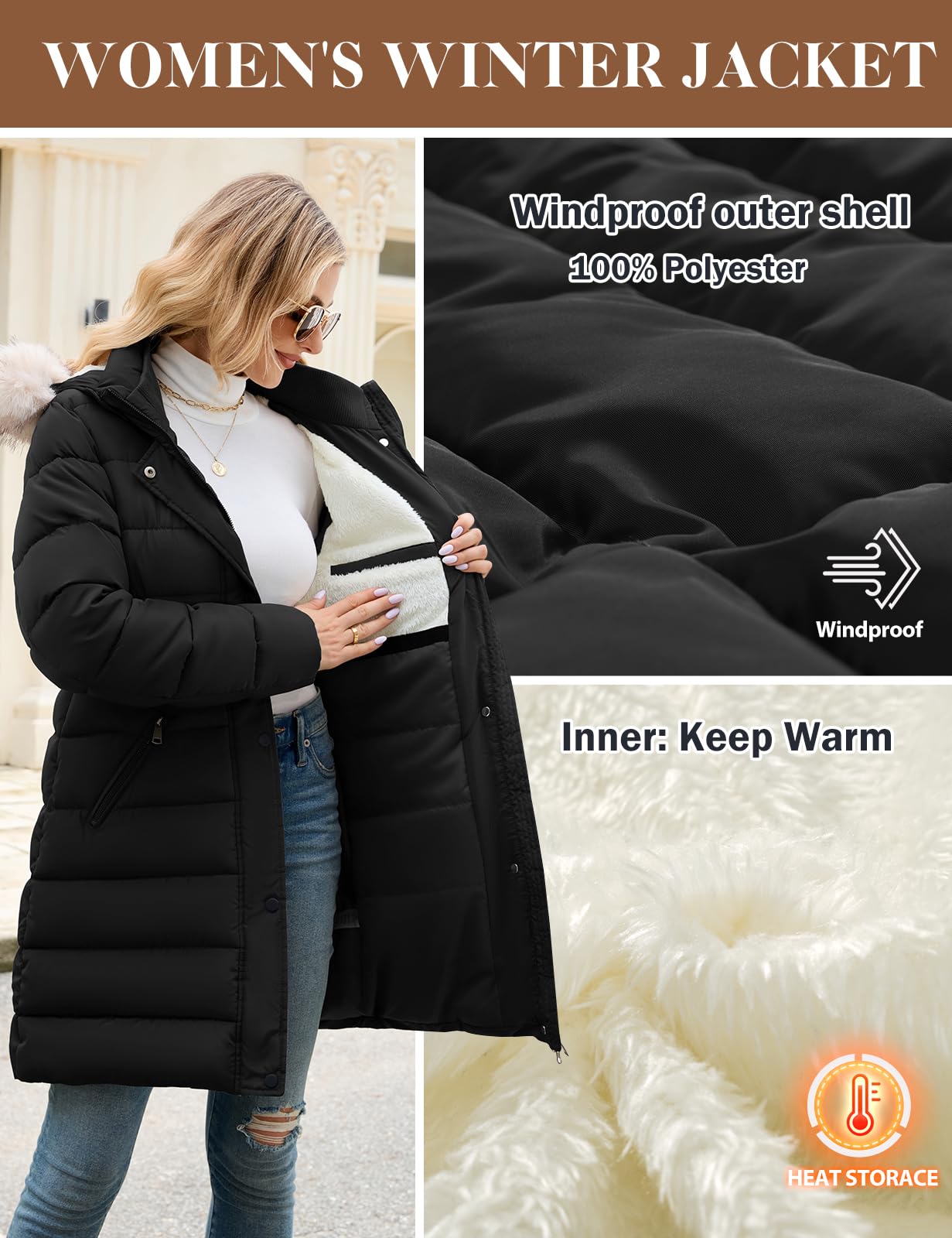 Women's Winter Thicken Fleece Lined Puffer Coat Mid-Length Down Jacket with Removable Faux Fur Hood, Warm Snow Parka