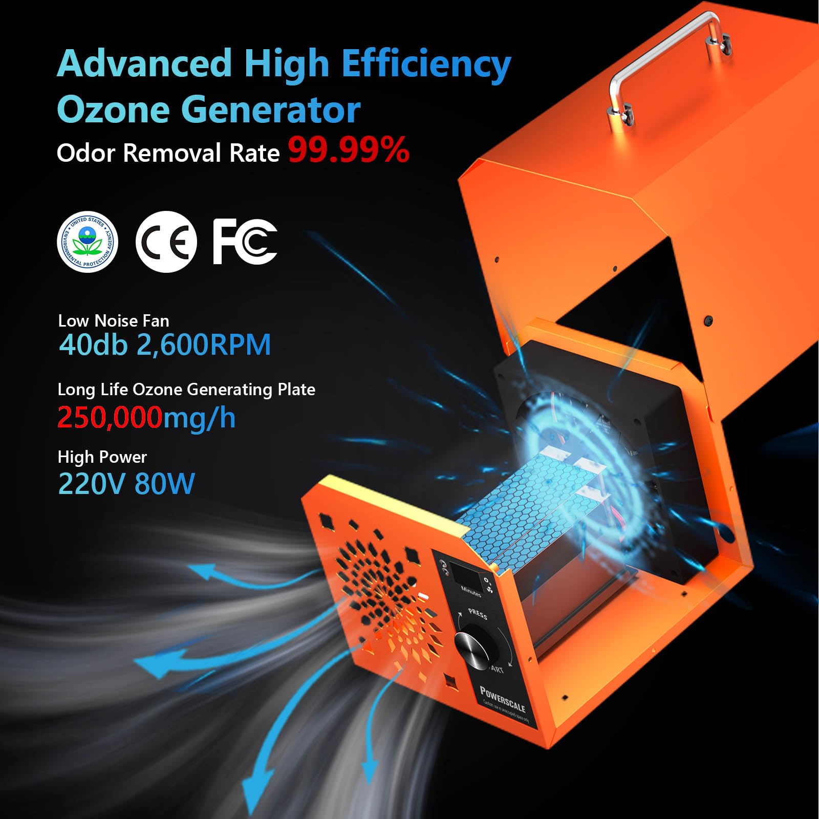 PowerScale Ozongenerator 250.000mg/h O3 Luftreiniger, industrieller Geruchsbeseitiger für Zuhause, Büro, Keller & Haustierraum - Ionisator mit hoher Kapazität, Orange