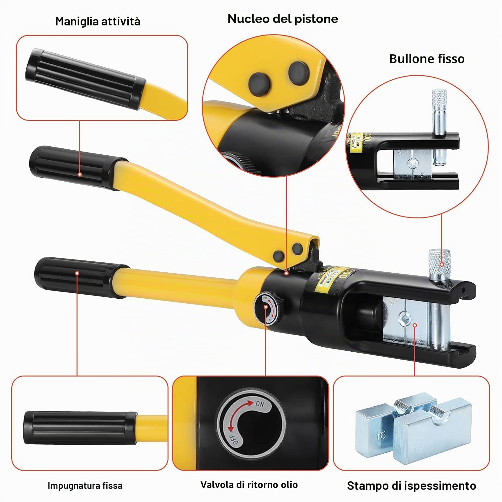 Gueenky 16T Pinza Crimpatrice Idraulica, 8-300 mm² Pinza Idraulica Capicorda Pinza Pressa Crimpatrice Idraulica per Cavi e Terminali Elettrici, con 13 Coppie di Matrici
