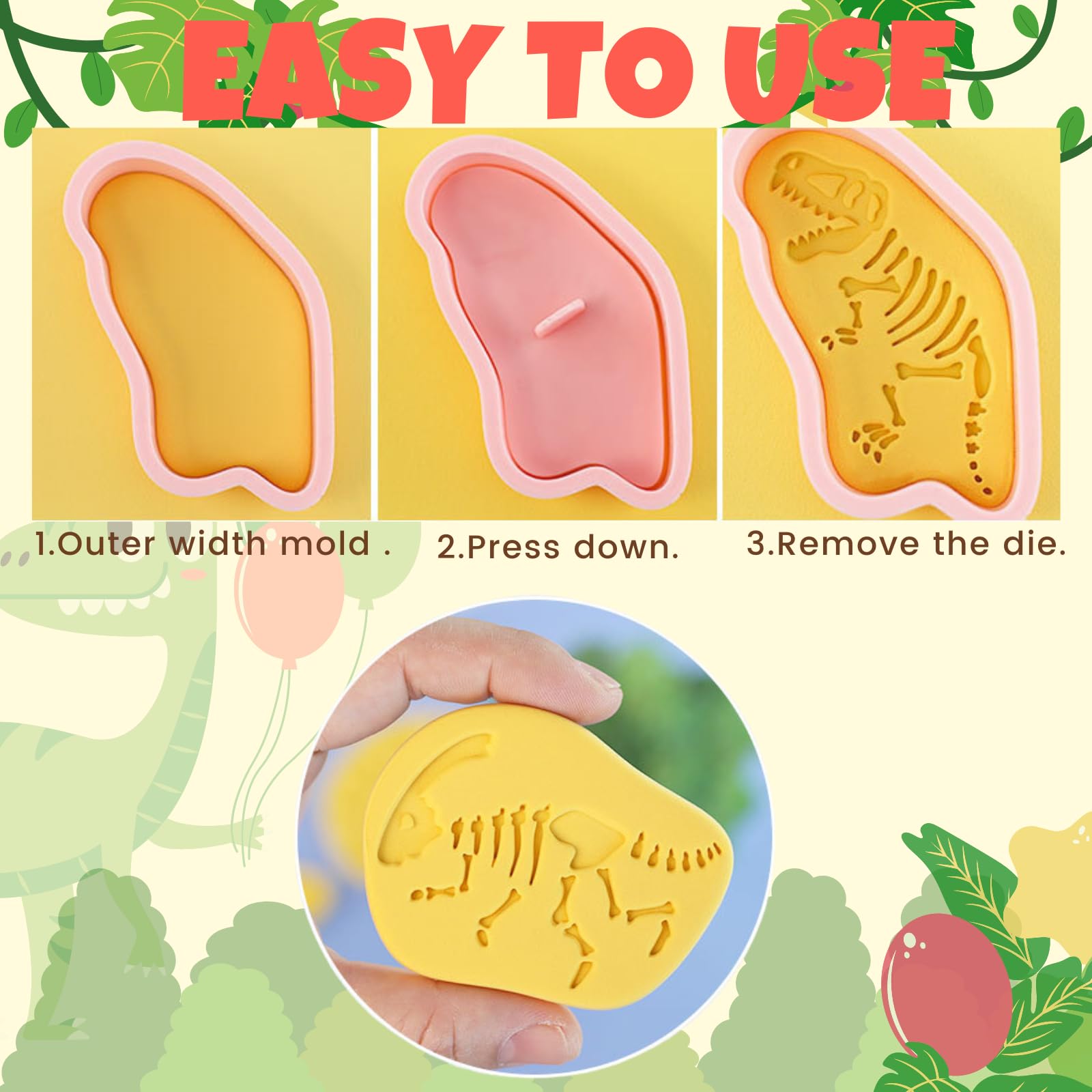8 Dinosaurier-Ausstechformen – Skelett & Fossil, 3D-Prägung, PP-Material, Für Kekse, Fondant & Basteln