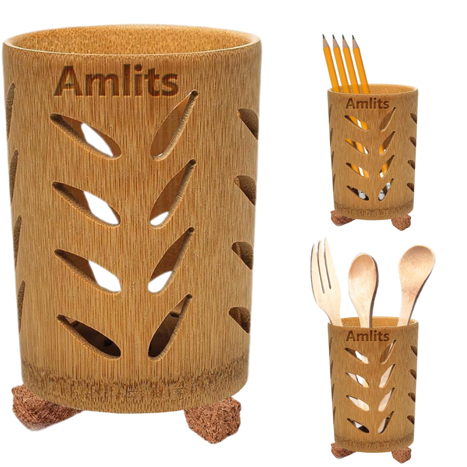 AmlitsBamboo Toothbrush Holder with Drainage – Quick Drying Single-Piece Design –Toothbrush Holders for Bathrooms – Wooden Toothbrush Holder Resilient in Humid Conditions - Glossy Leaves