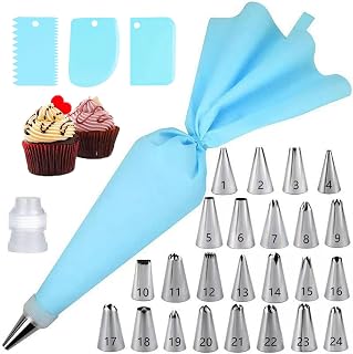 30 Pieces Thick Pastry Bags Kit, 24 Stainless Steel Spray Nozzles, 1 Reusable EVA Sprayer Bag, 3 Putches, 1 Converter & 1 Storage Box, for Cake Decoration, Dessert, Cookies (Blue)