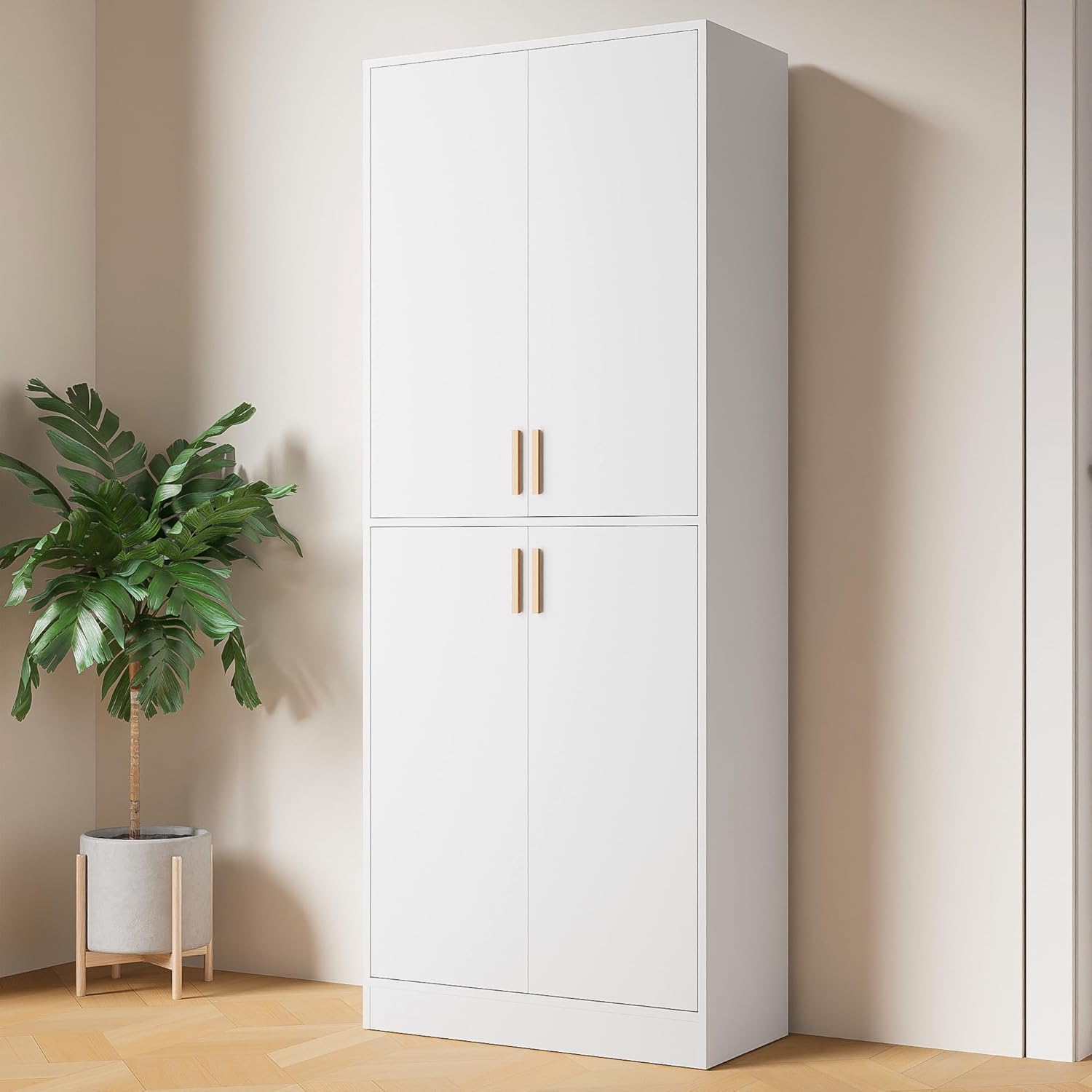 Cozy Castle Kitchen Pantry Cabinet, 71″ Tall Wood Storage Cabinet with Doors and Shelves 4 Doors Freestanding Cupboard Utility Hutch for Dining Room Living Room Bathroom Furniture, White